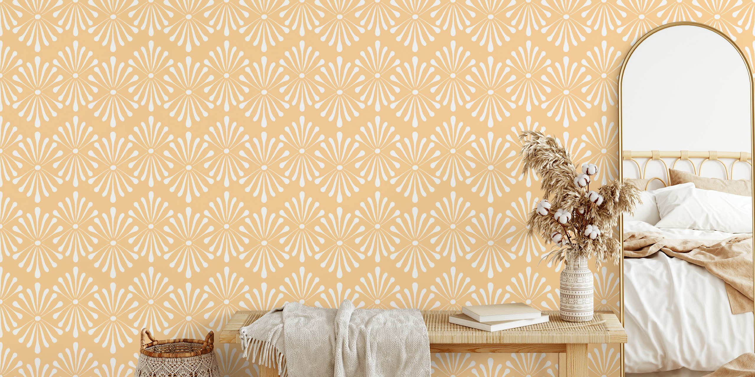Abstract Floral Soft Yellow tapaatti esillä huoneessa