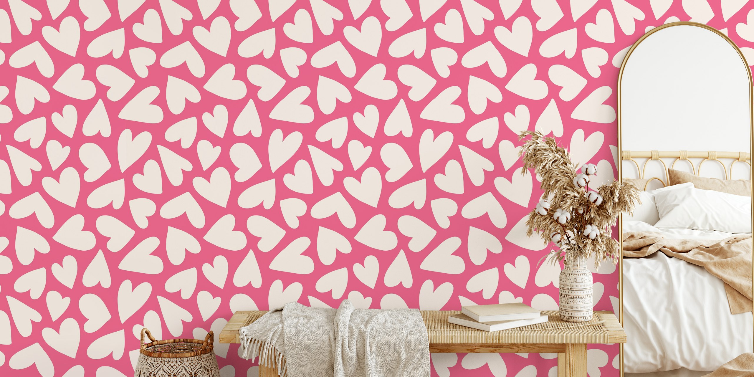 Playful pink hearts on a bright pink background wallpaper