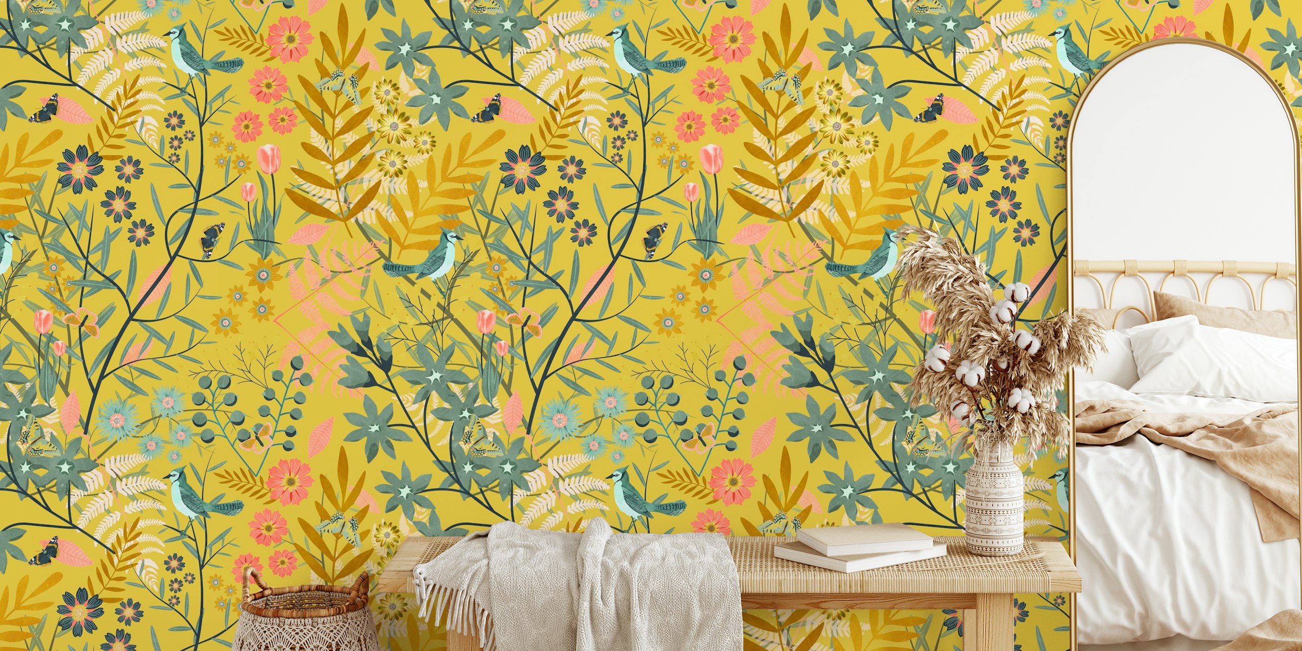 Colorful birds, butterflies, and floral patterns on mustard wallpaper