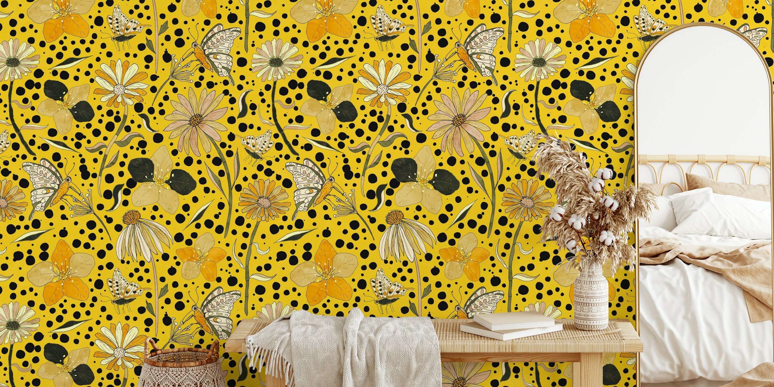 Butterflies and flowers on a yellow background with black dots wallpaper