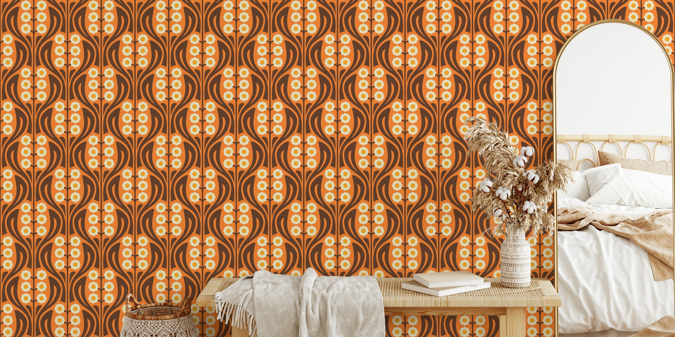 Vintage Retro Daisy Harmony Orange tapet i et rum