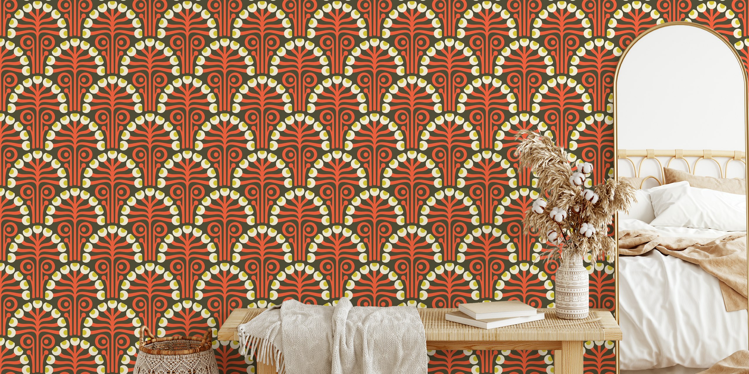 Vintage Botanical Retro Scallop Red tapetti huoneessa