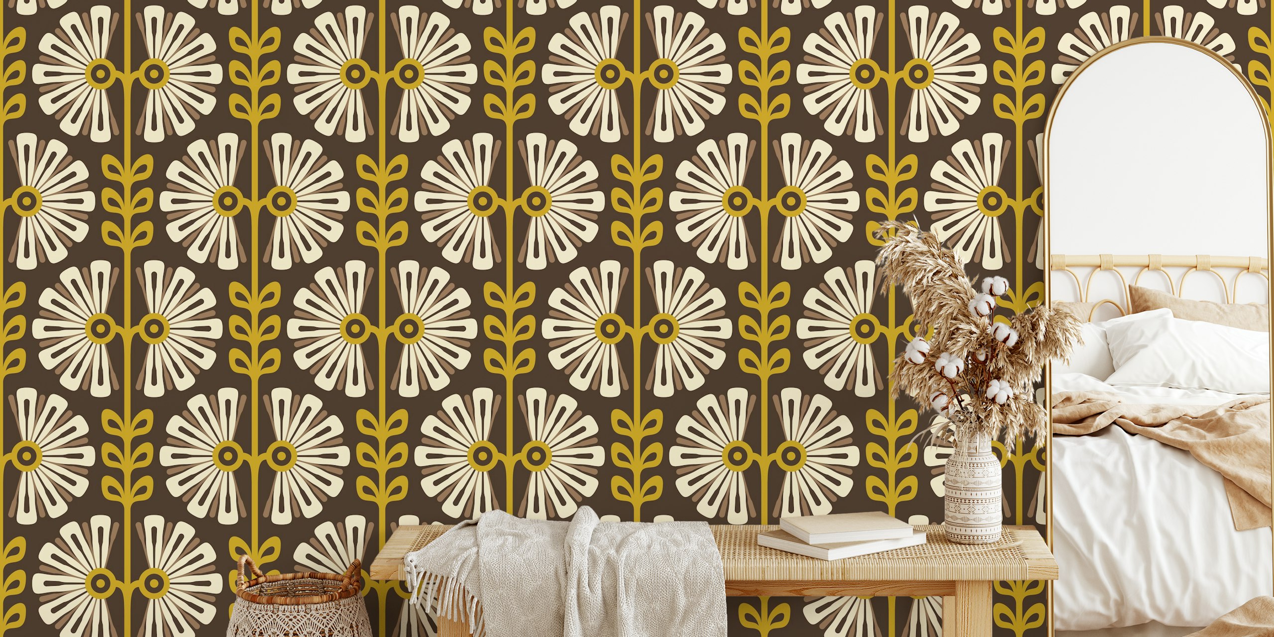 Vintage floral design in yellow and brown colors wallpaper