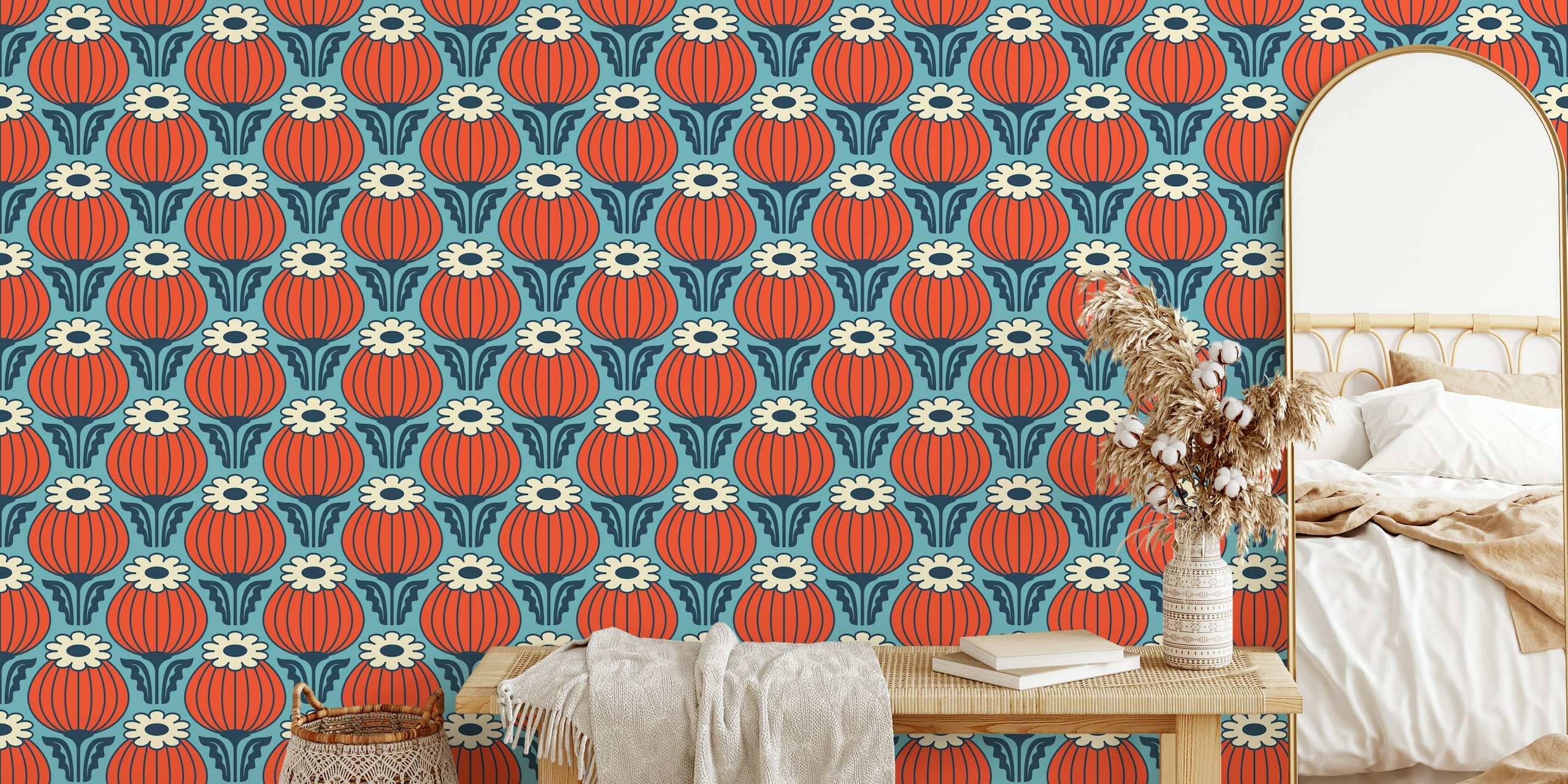 Bold Vintage Poppies Red Blue tapeta u sobi