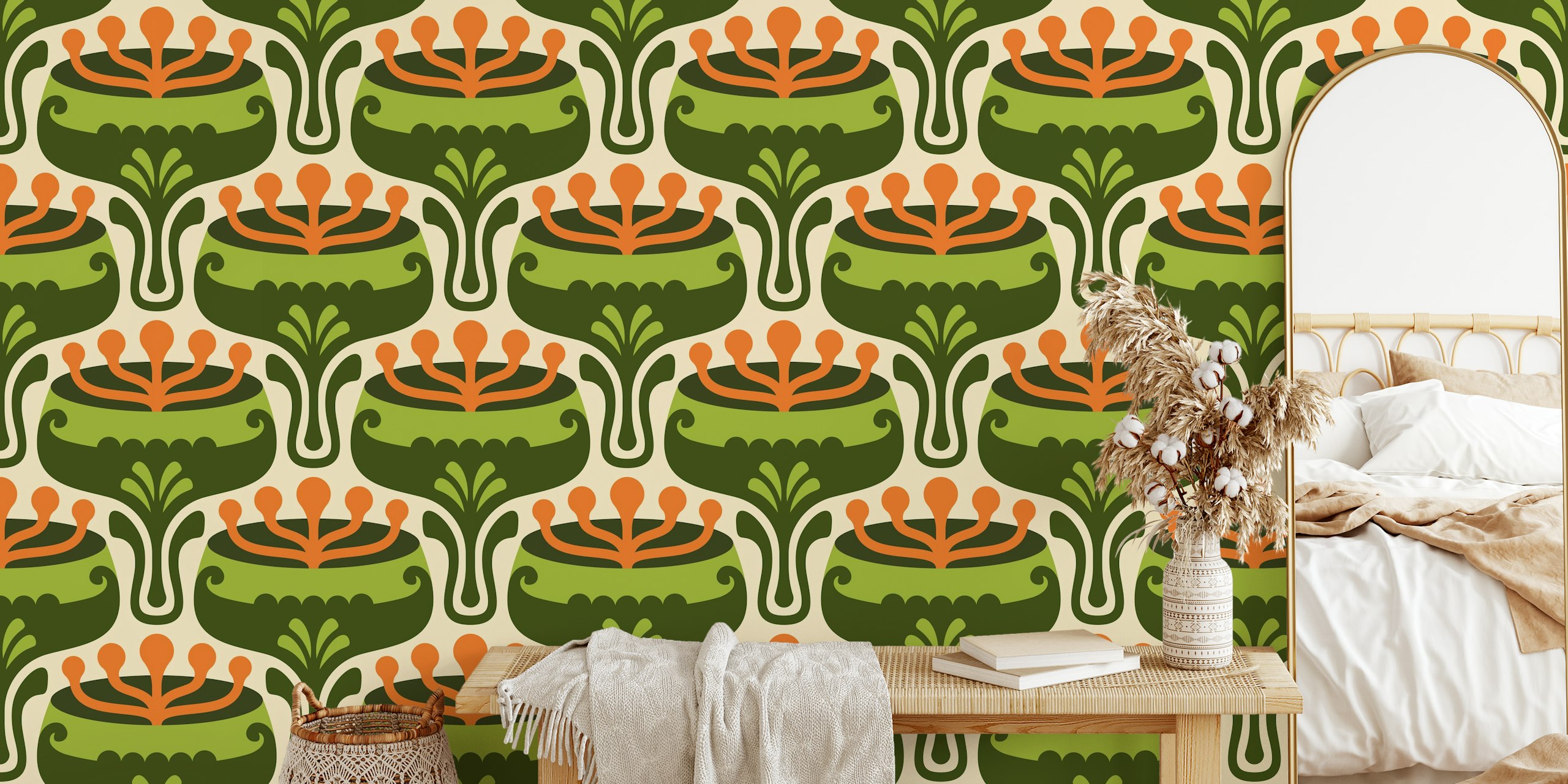 Retro floral pattern in green and orange tones wallpaper
