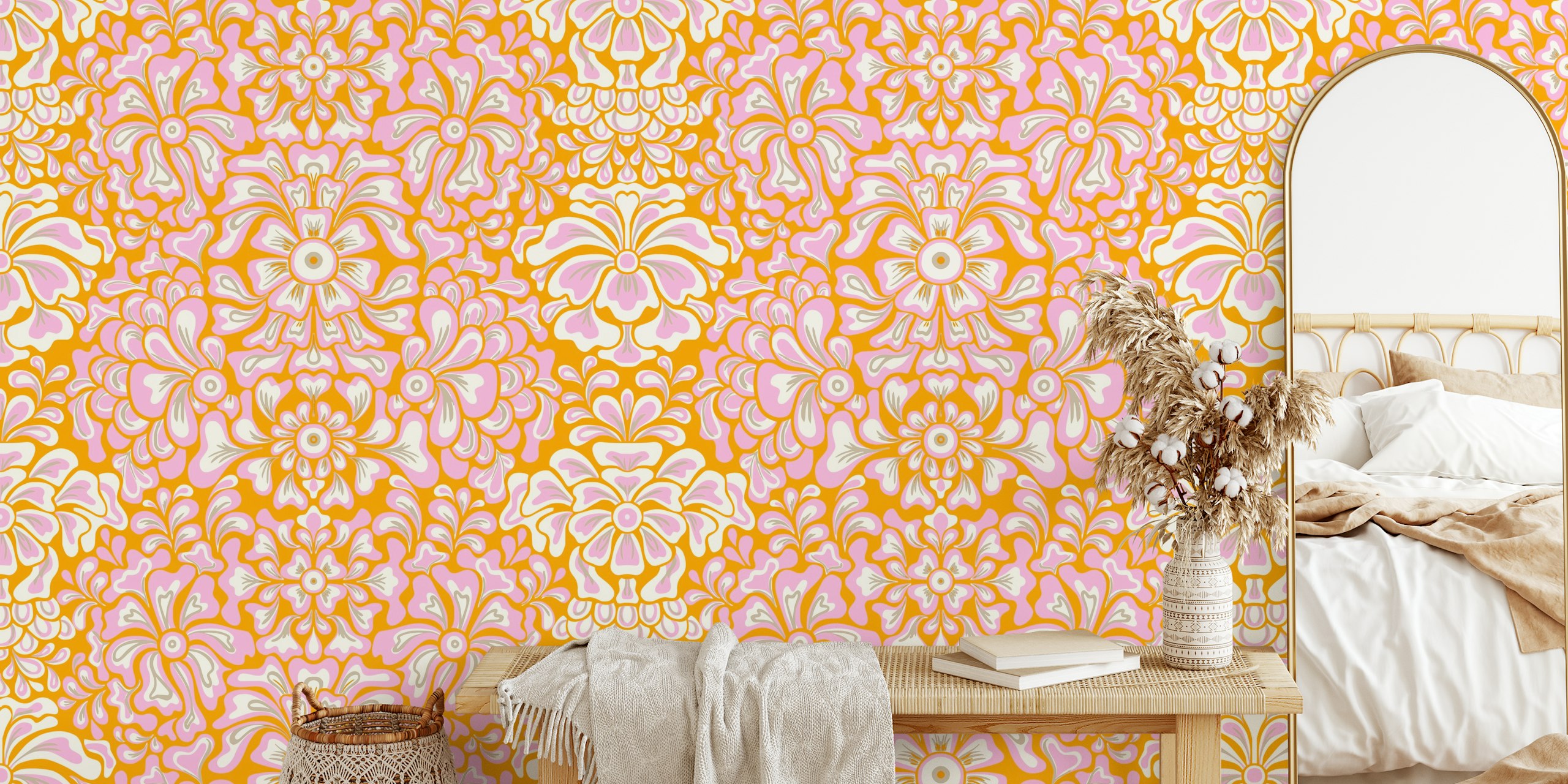 Floral statement explosion papel de parede em um quarto