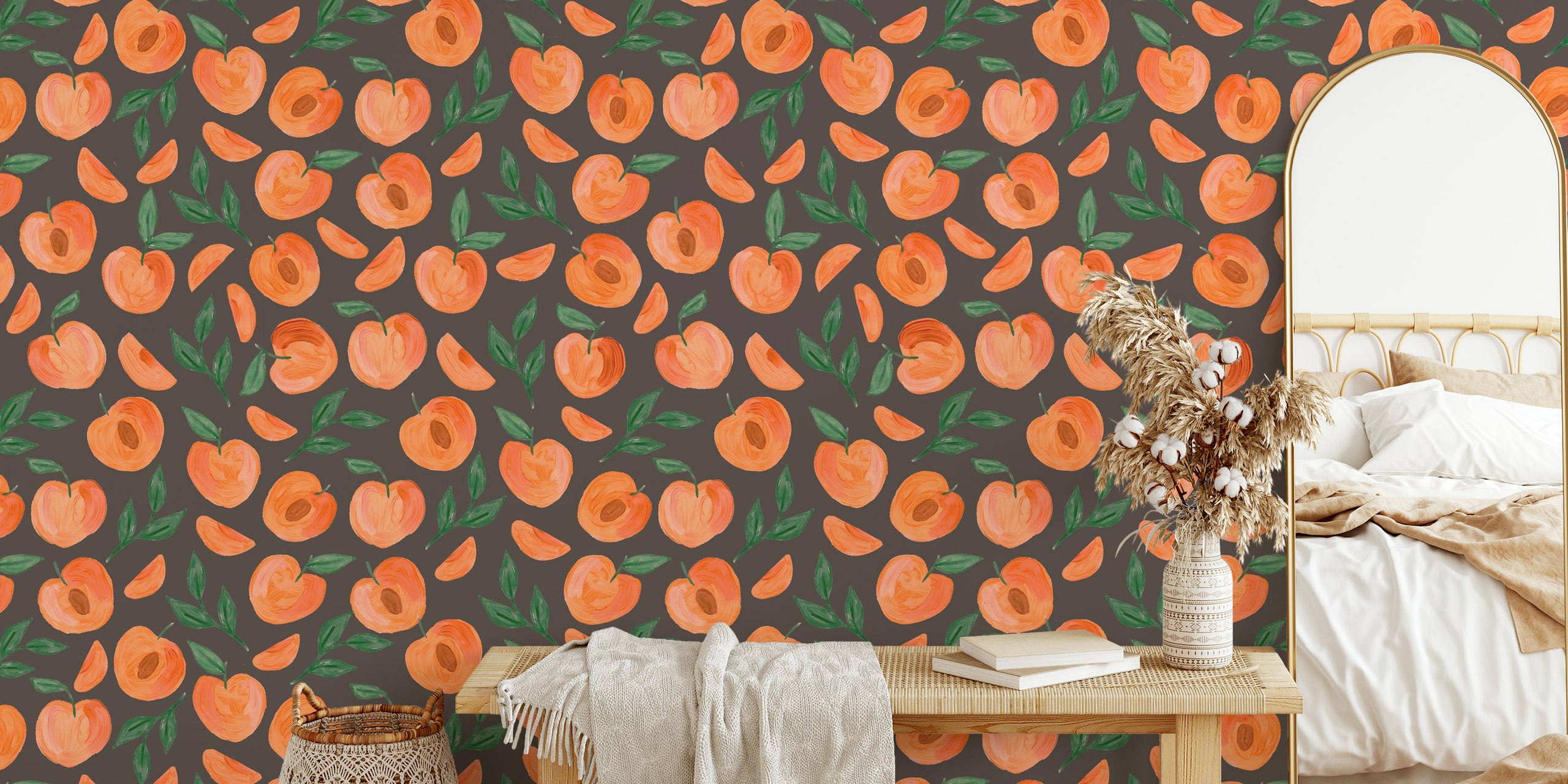 Wallpaper with pink peaches pattern on black