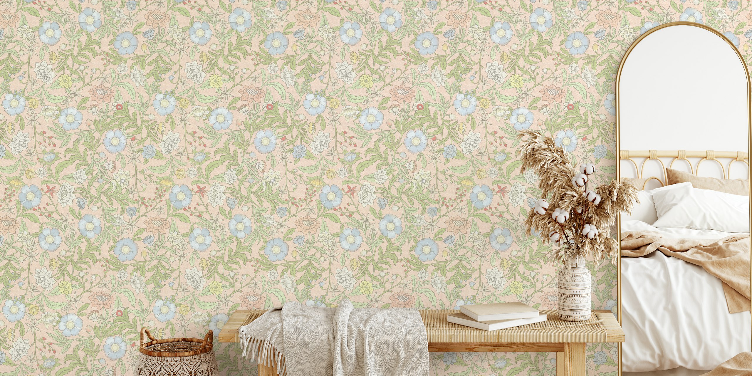 Morris vintage spring leaves wallpaper in a room