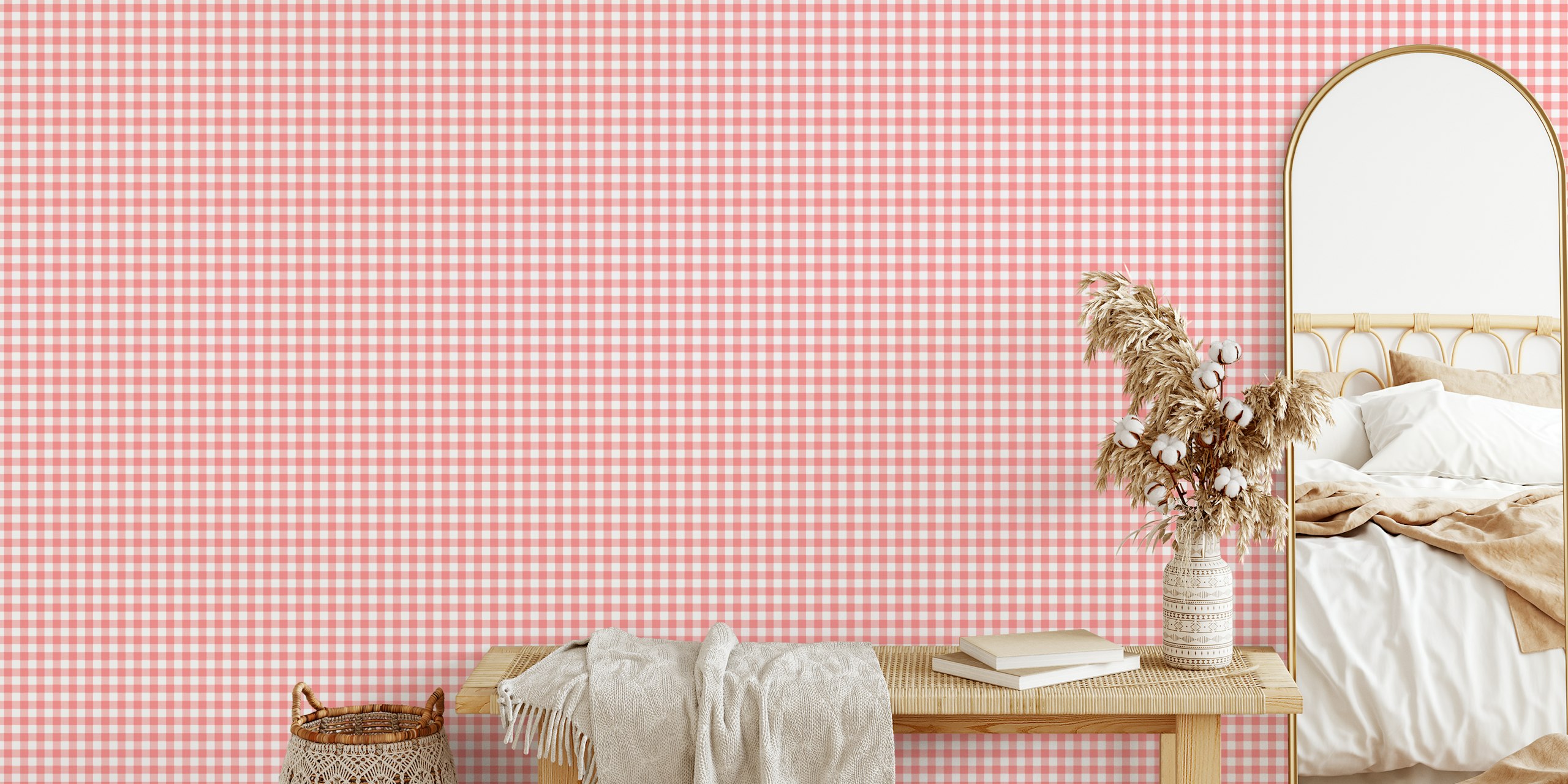 Classic gingham soft red wallpaper in a room