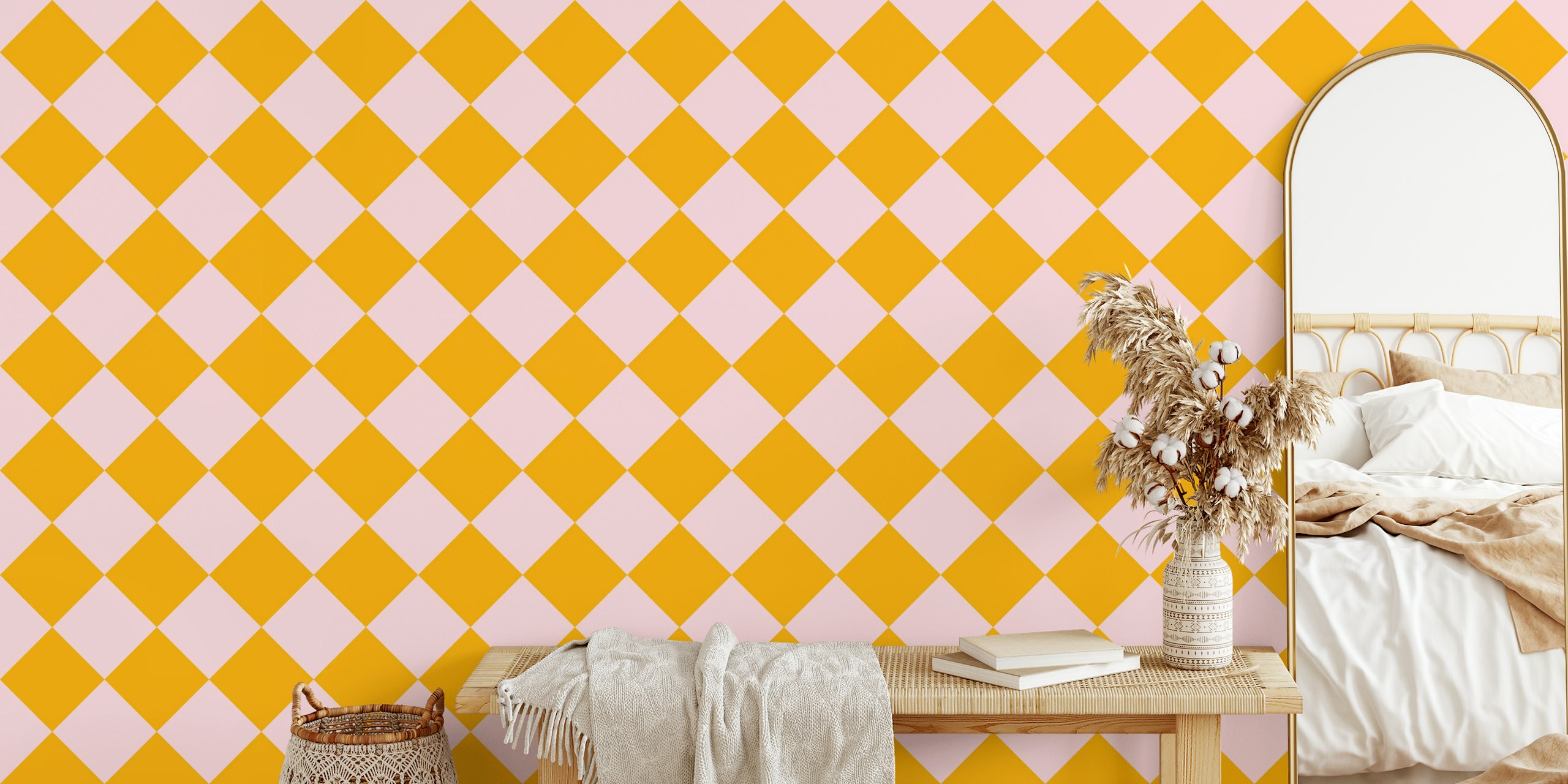 Carta da parati Diagonal checkerboard pink and yellow