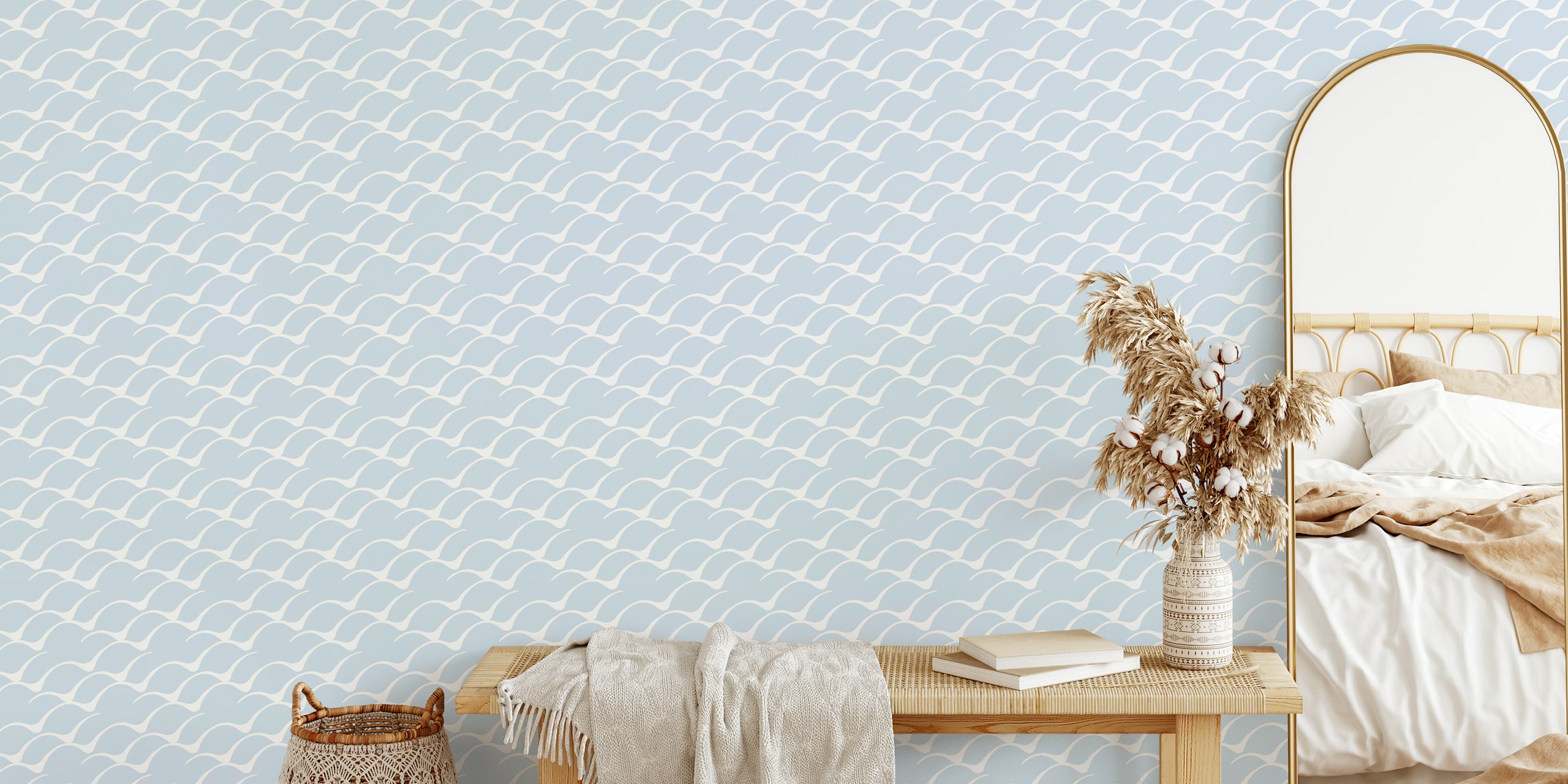 Blue wave pattern on cream background wallpaper