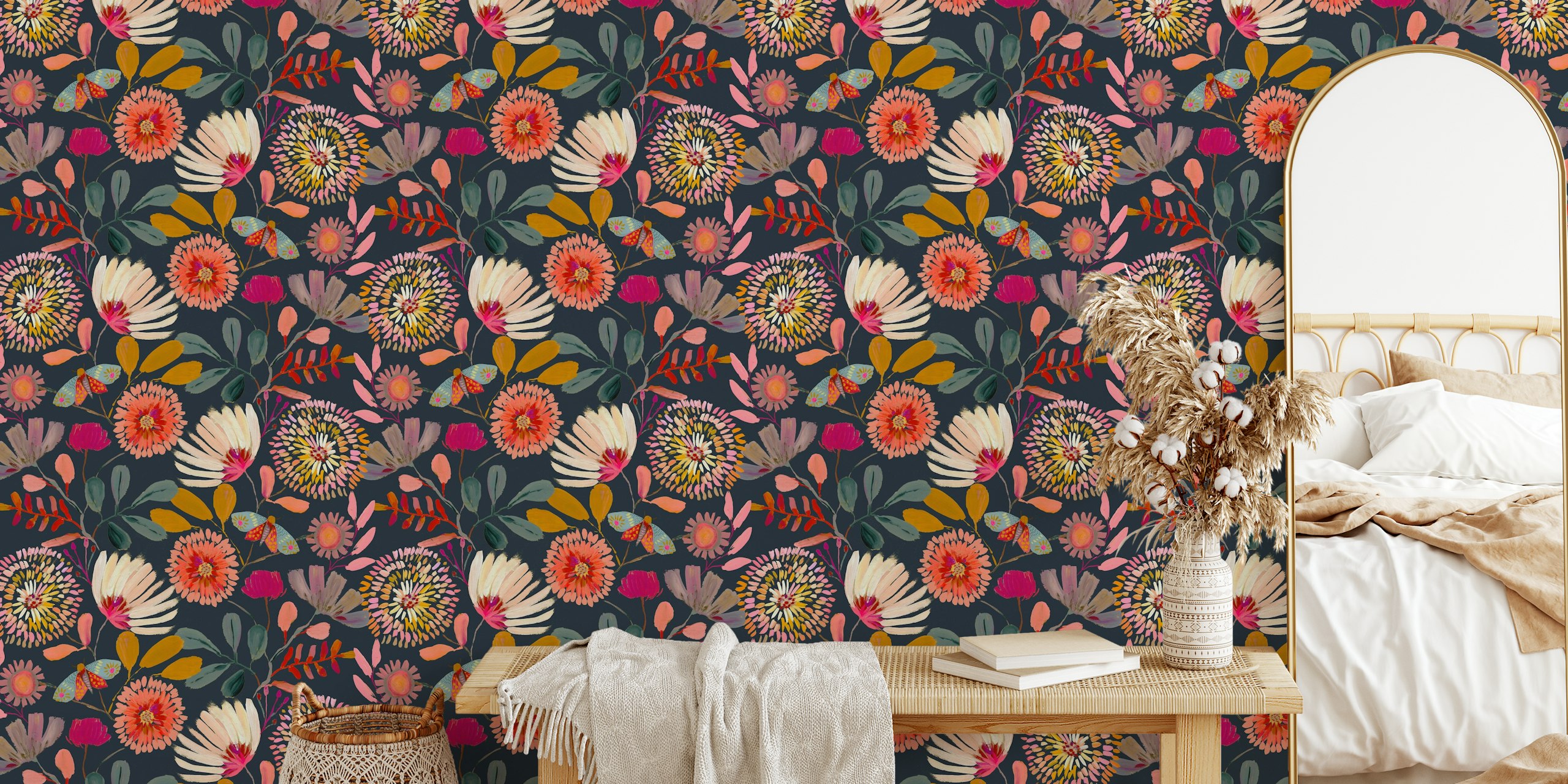 Colorful floral patterns in shades of pink, orange, and green on a black background wallpaper