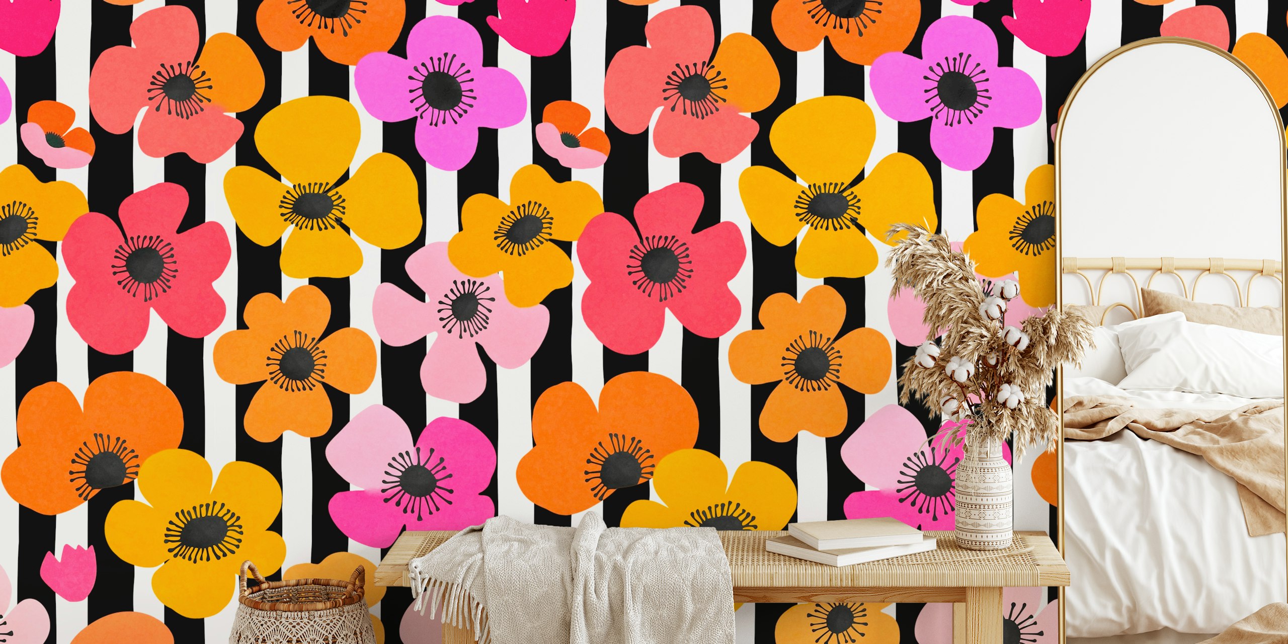 Colorful flowers in pink, orange, and black stripes wallpaper