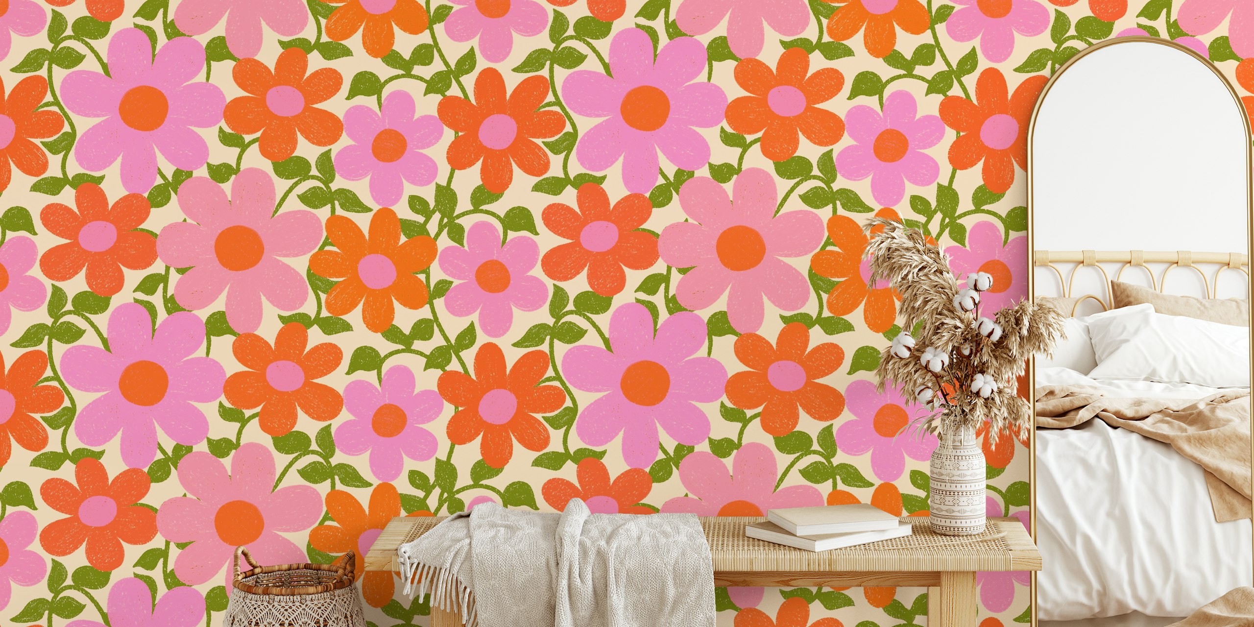 Velký design tapety s růžovými a oranžovými květy