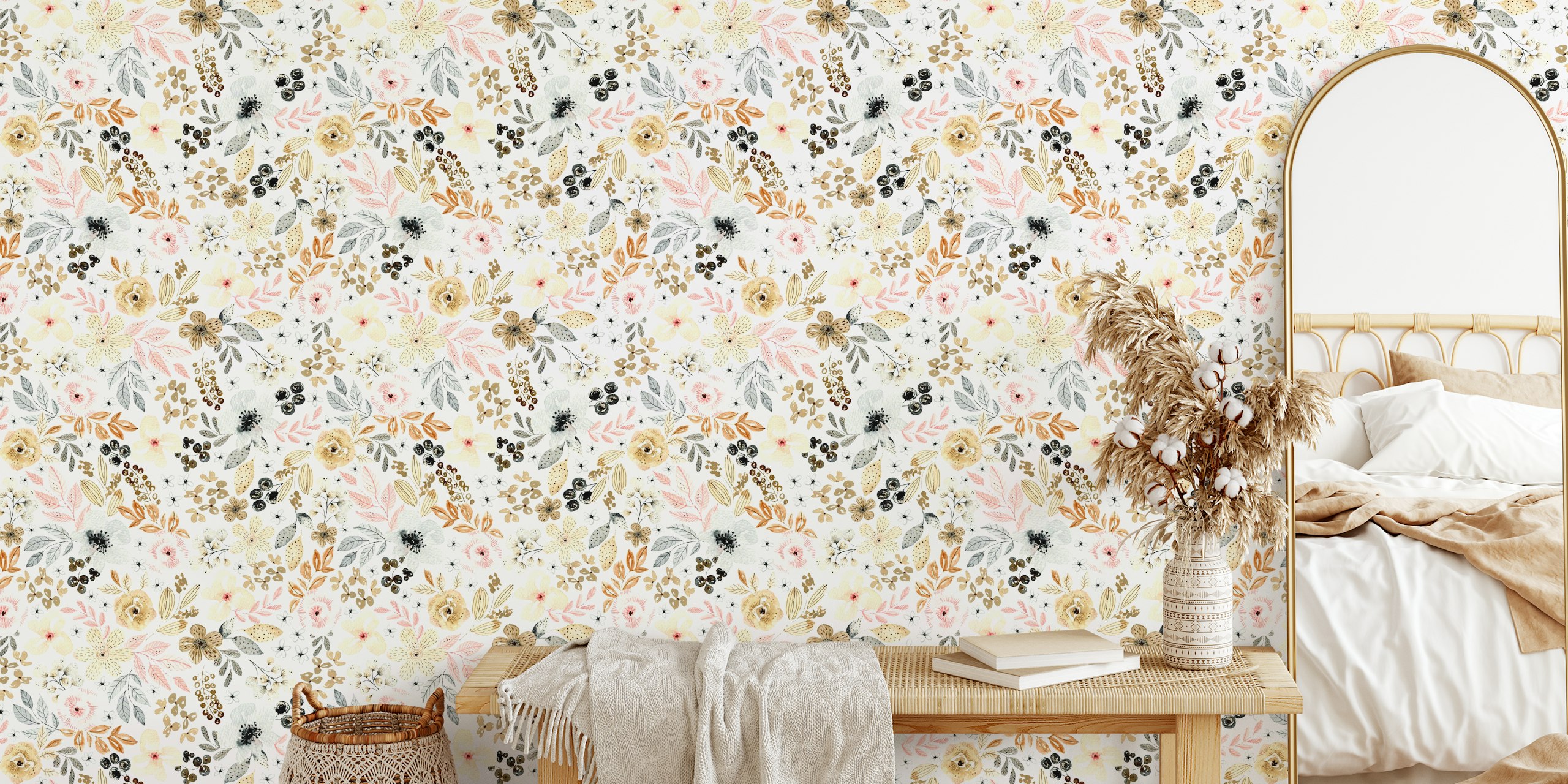 Ταπετσαρία Watercolor Naive Flowers σε ένα δωμάτιο