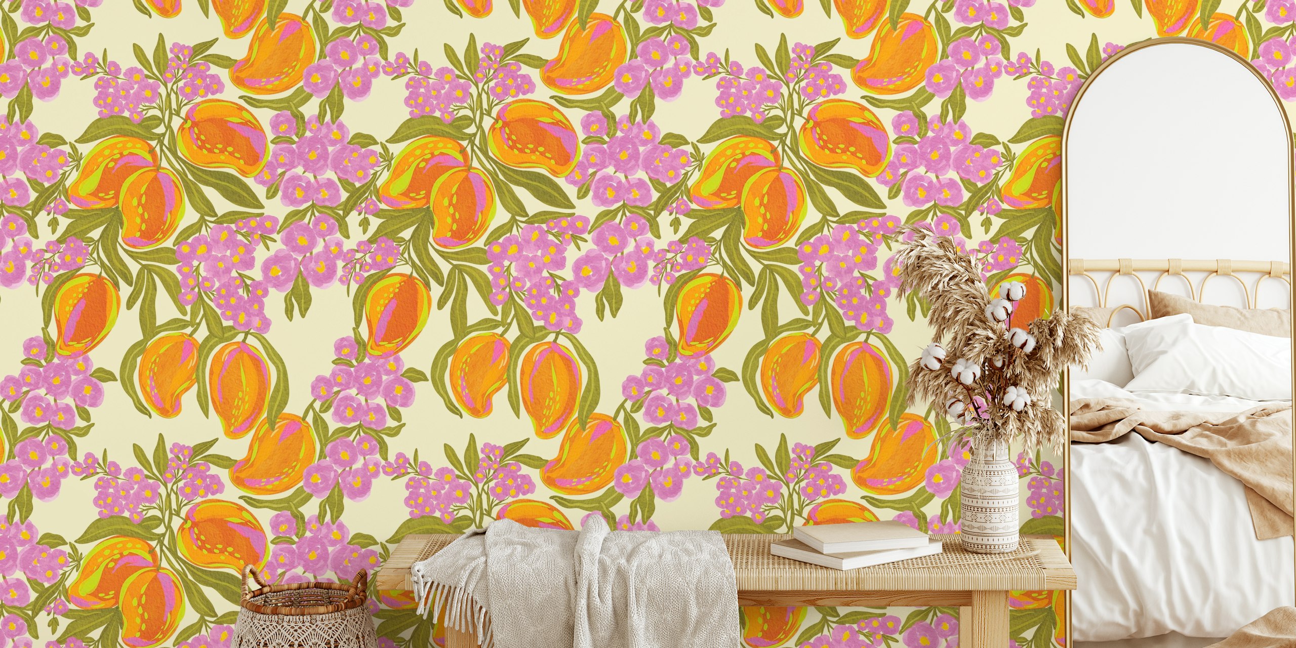 Tropical Mango Blossom wallpaper design in a room