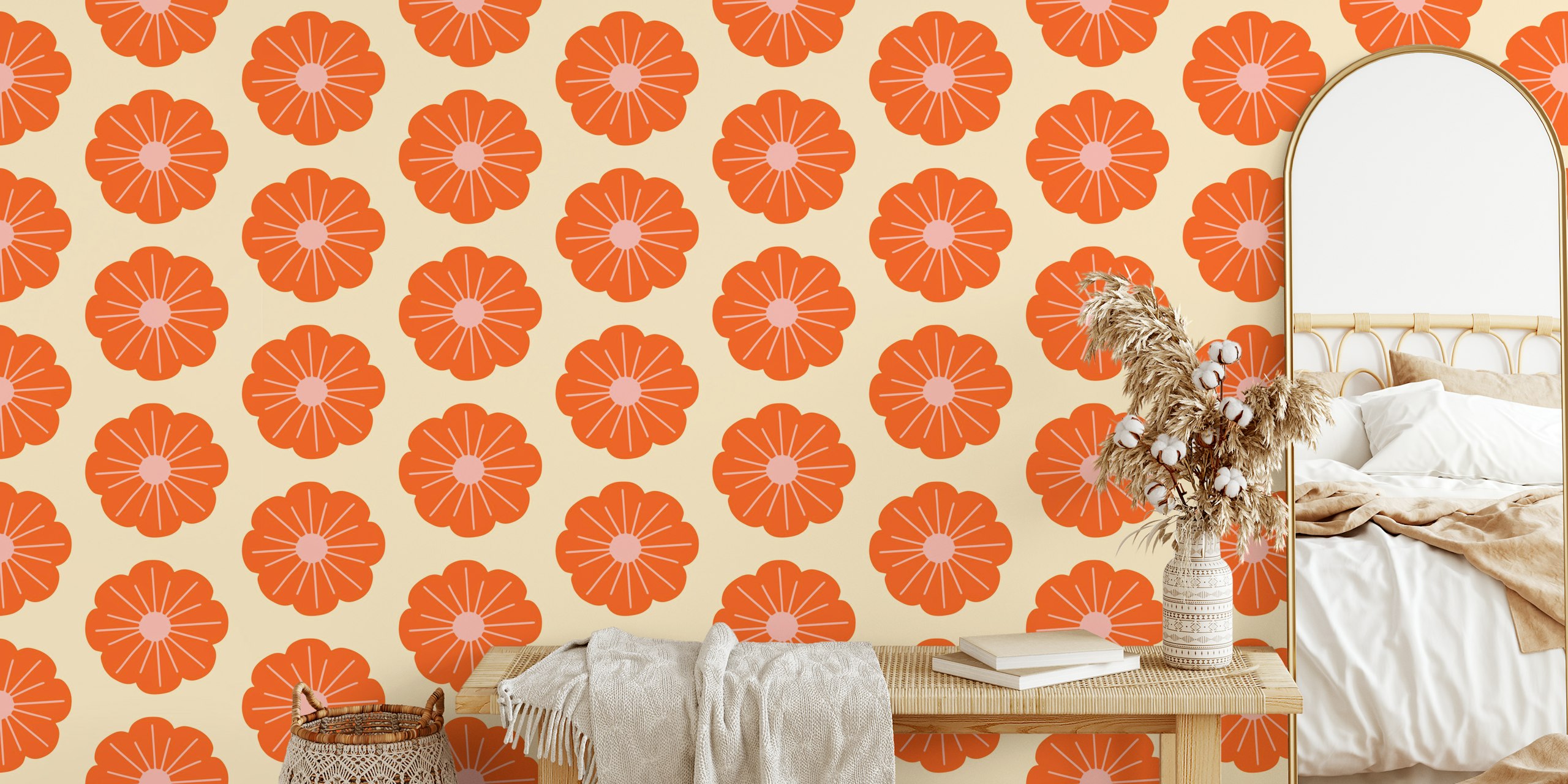 Retro Bold Flower Pink Cream tapet i et rom
