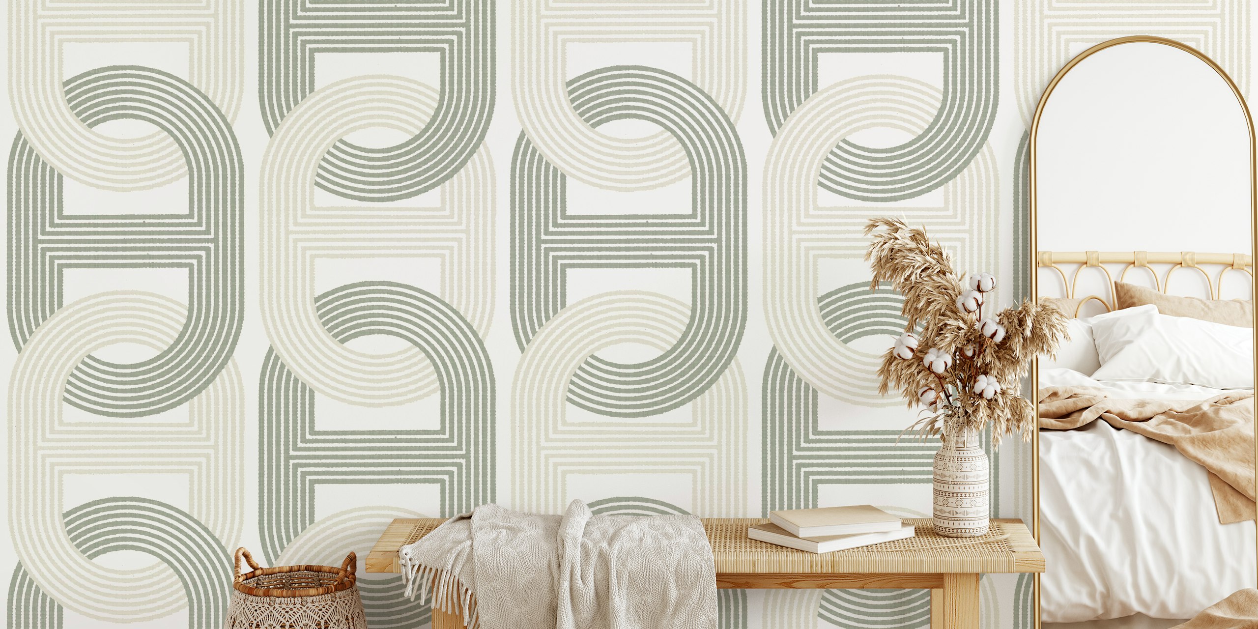 Papel pintado Retro Chain Loops J en verde beige