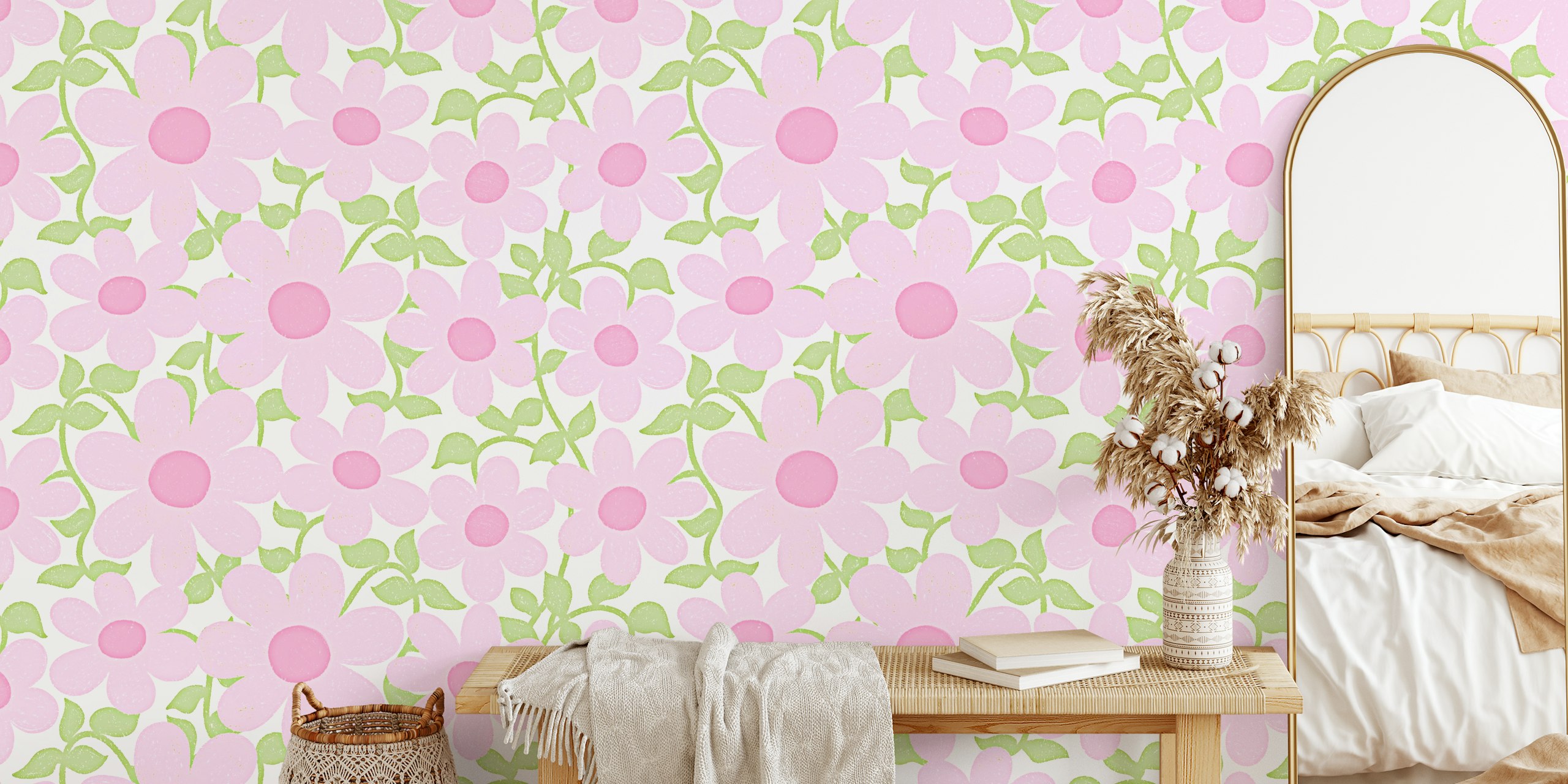 Pastel pink flowers with green leaves wallpaper
