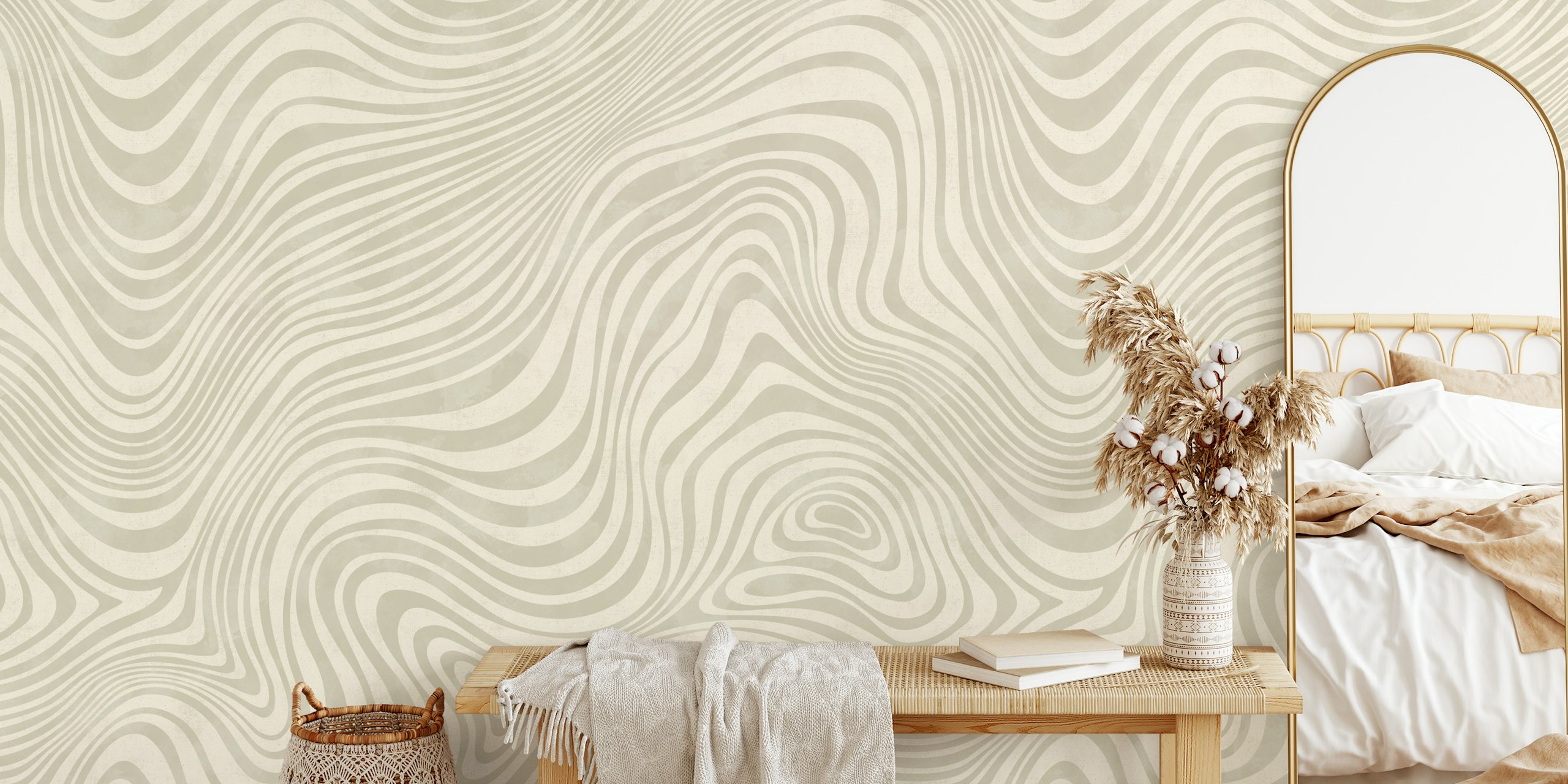 Abstract wavy lines in light gray and beige wallpaper