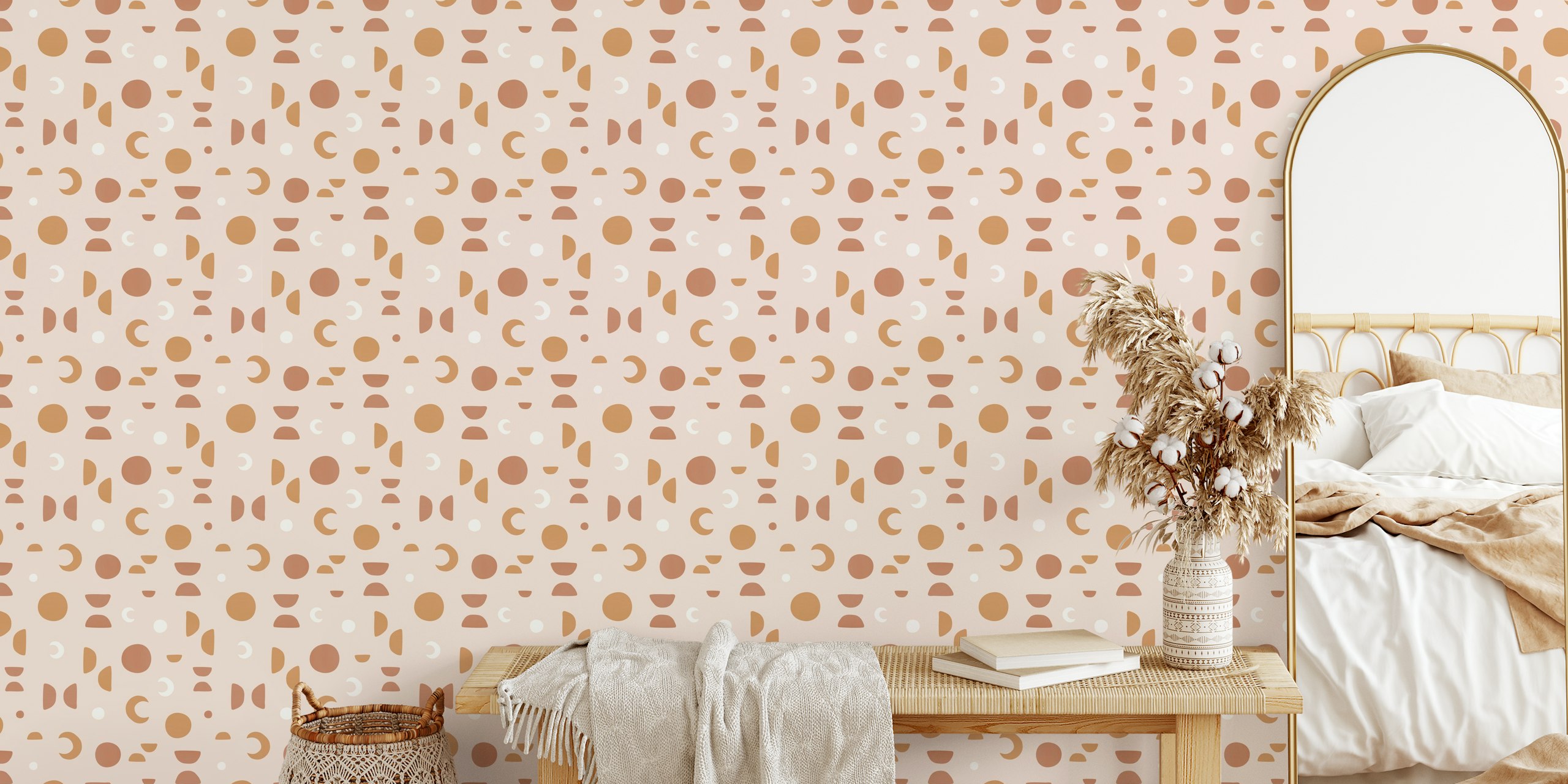 Geometric moon phases in blush, brown, and white colors wallpaper