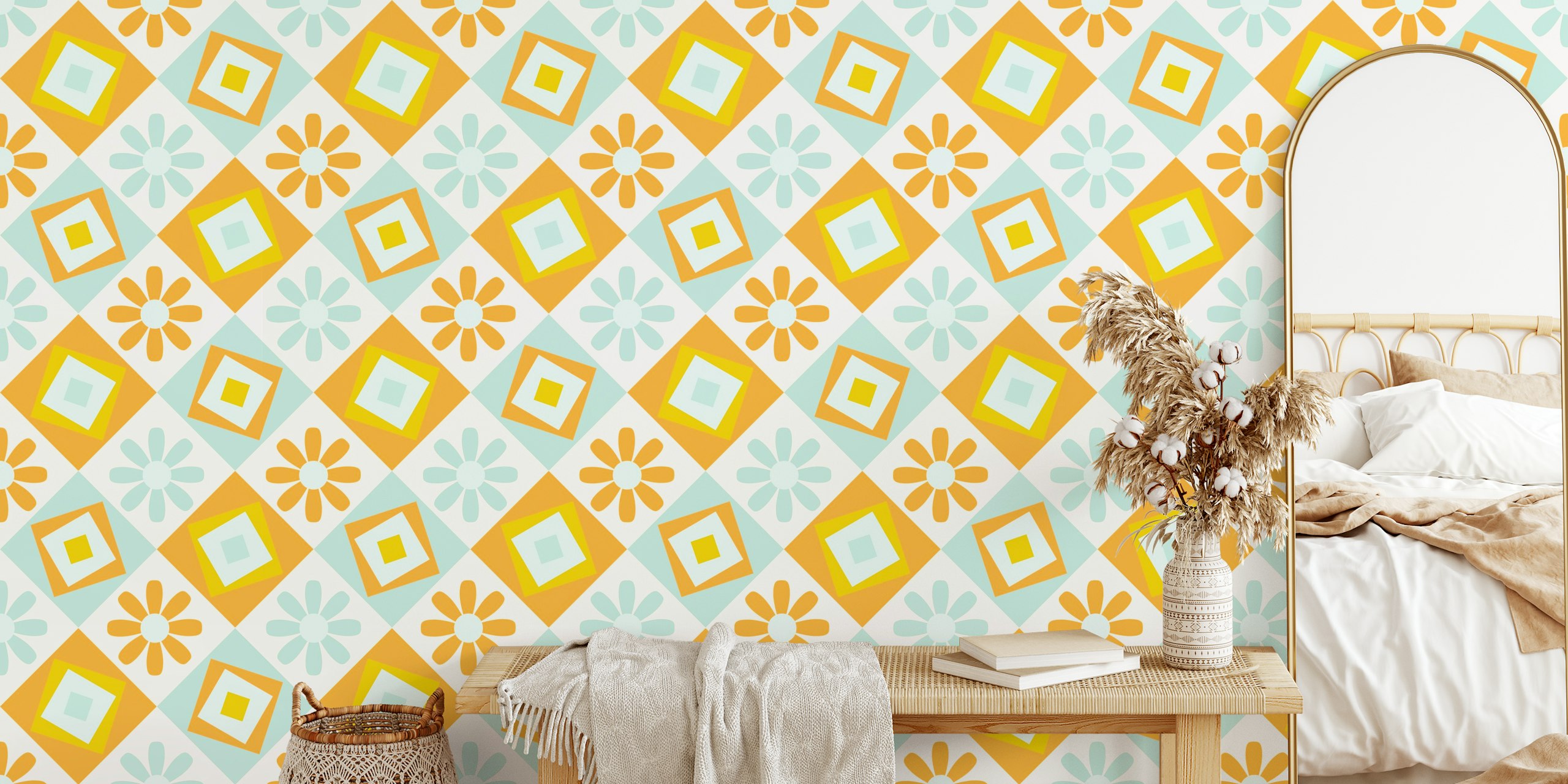 70s Bold geometrics in pastel tapetti huoneessa