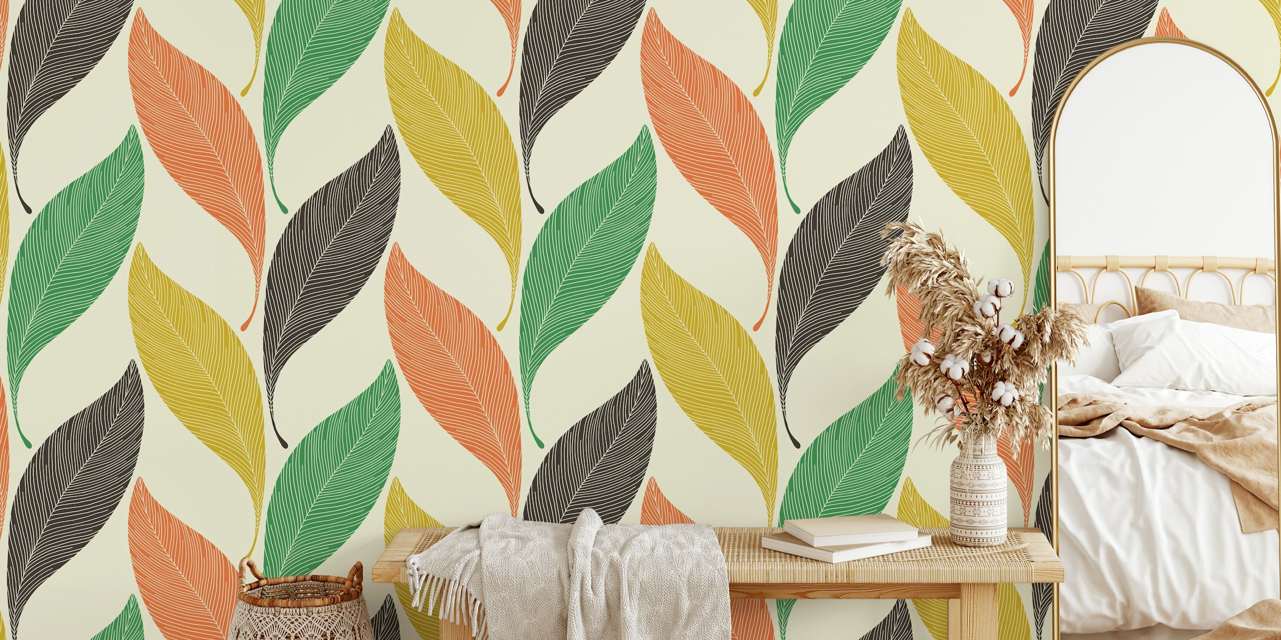 Värikäs Chevron Leaves-tapetti huoneessa