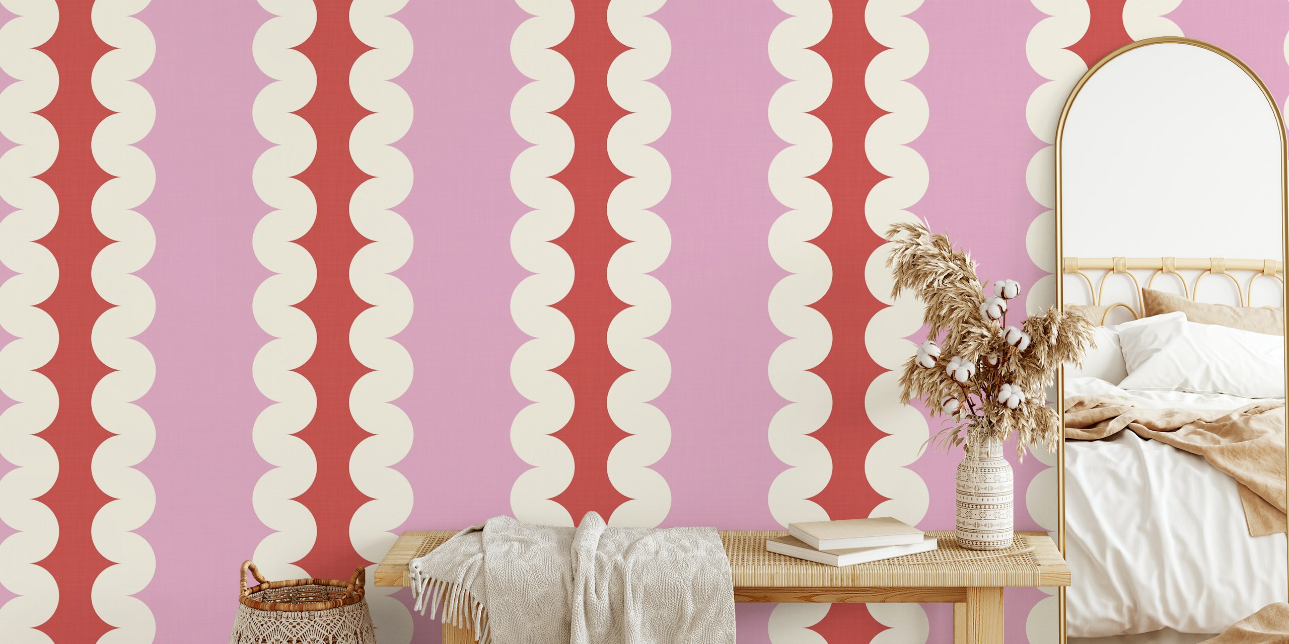 Scallop stripe pattern in pink, red, and cream wallpaper