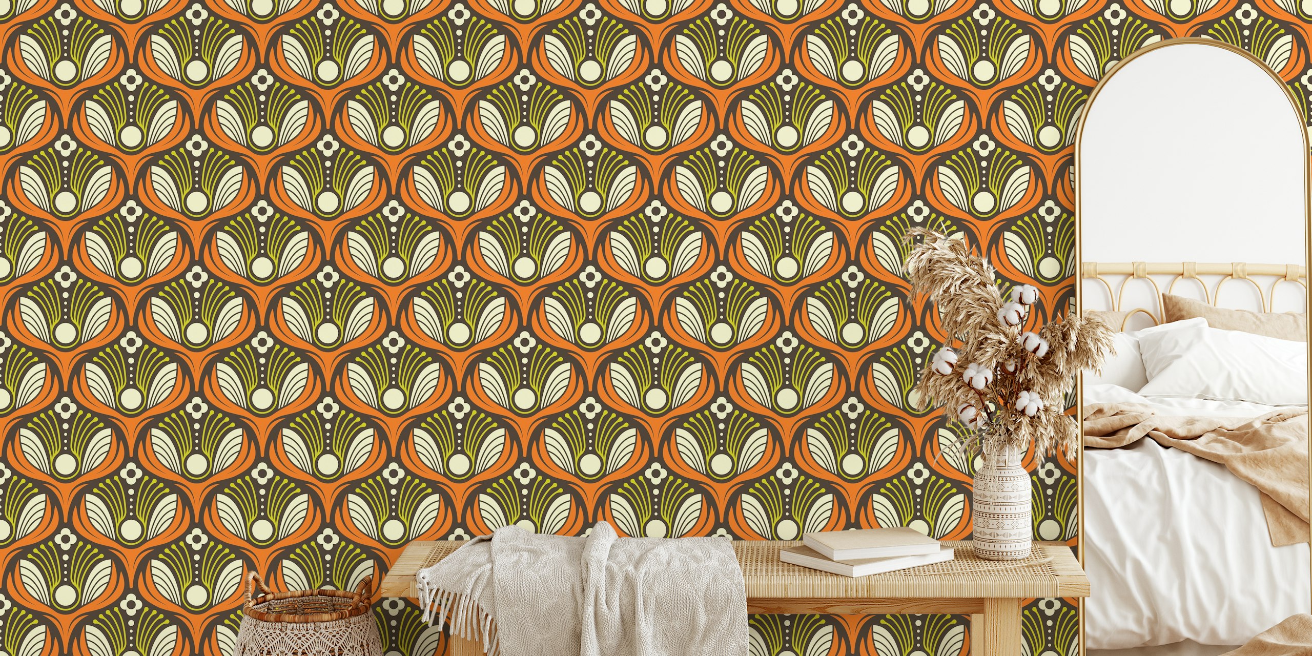 Art Deco Floral in Orange Wallpaper