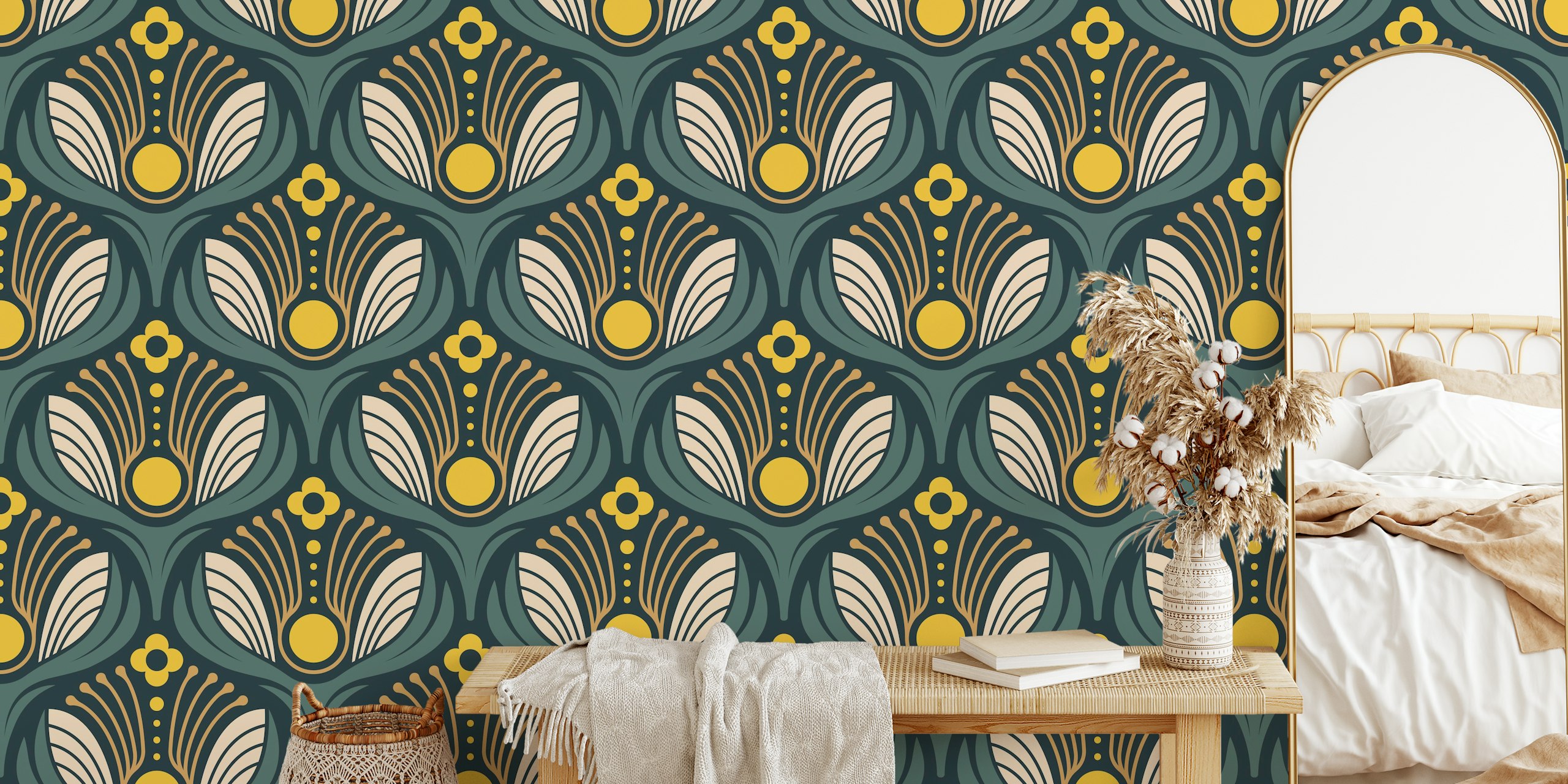 Art Deco Floral in Green Yellow design di carta da parati