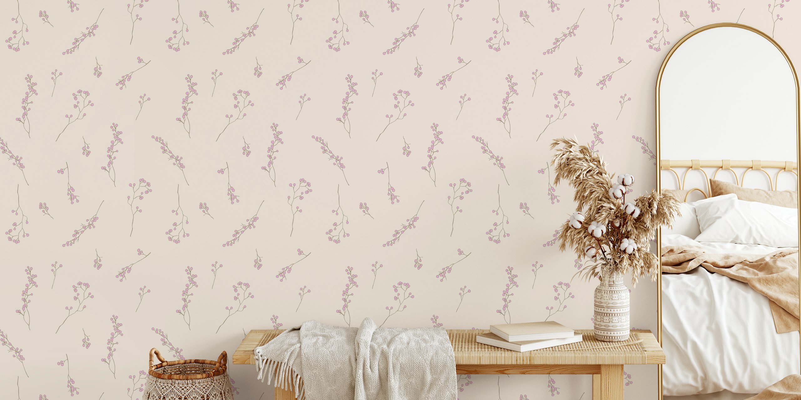 Floral wallpaper design with pink berries