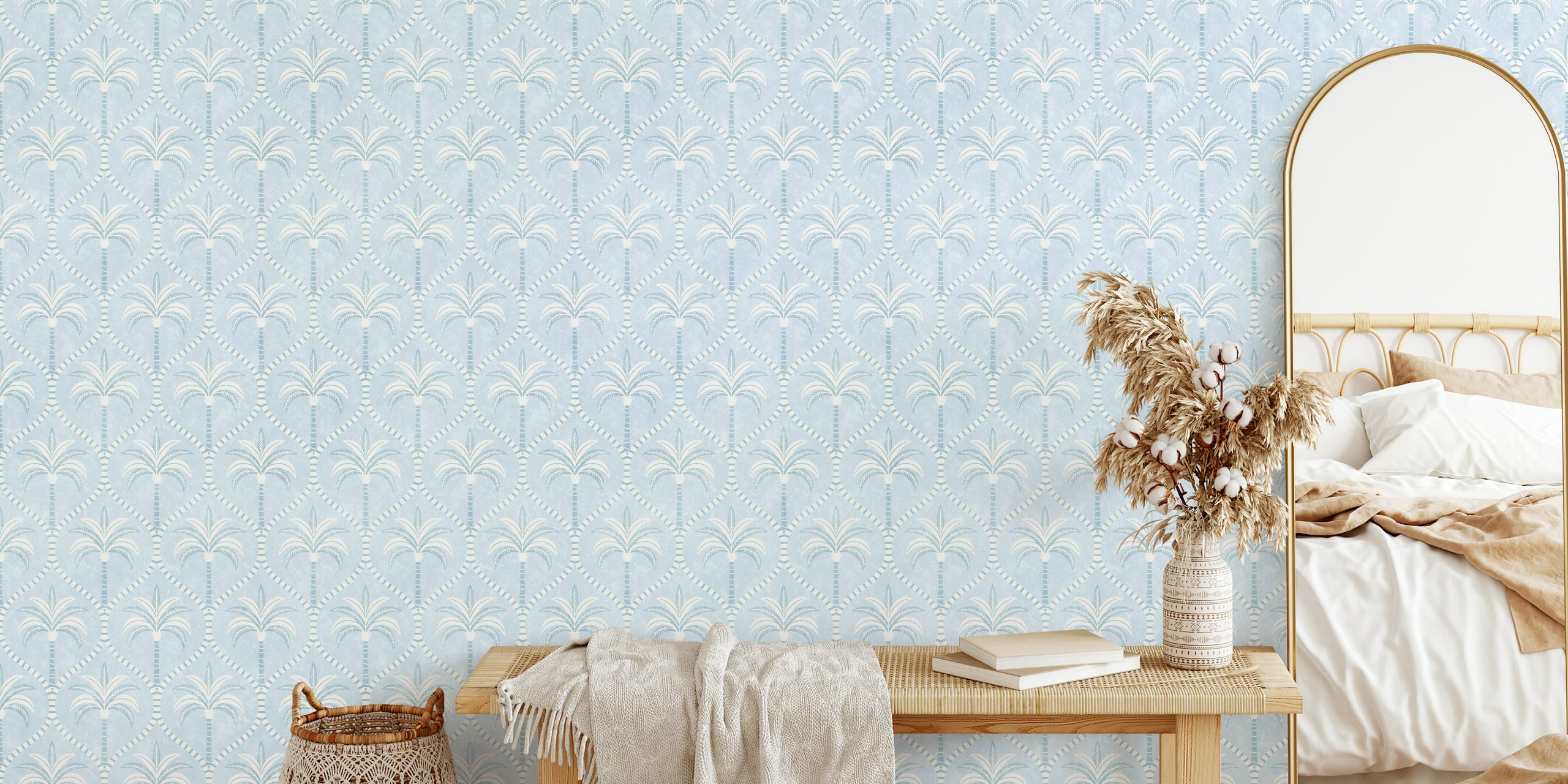 Blue palm tree pattern with white accents wallpaper