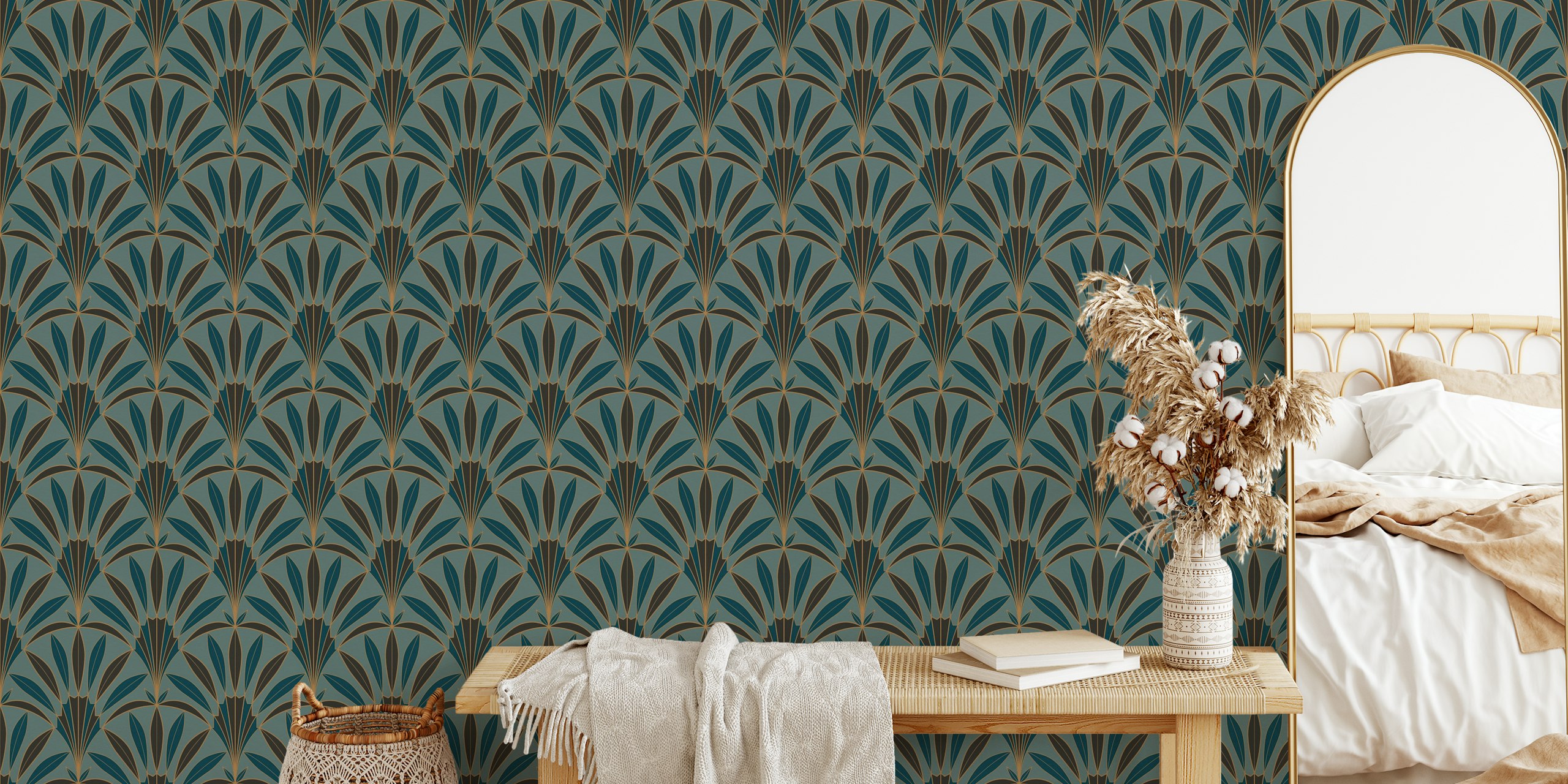 Art Deco palm leaves fan teal tapet i rum
