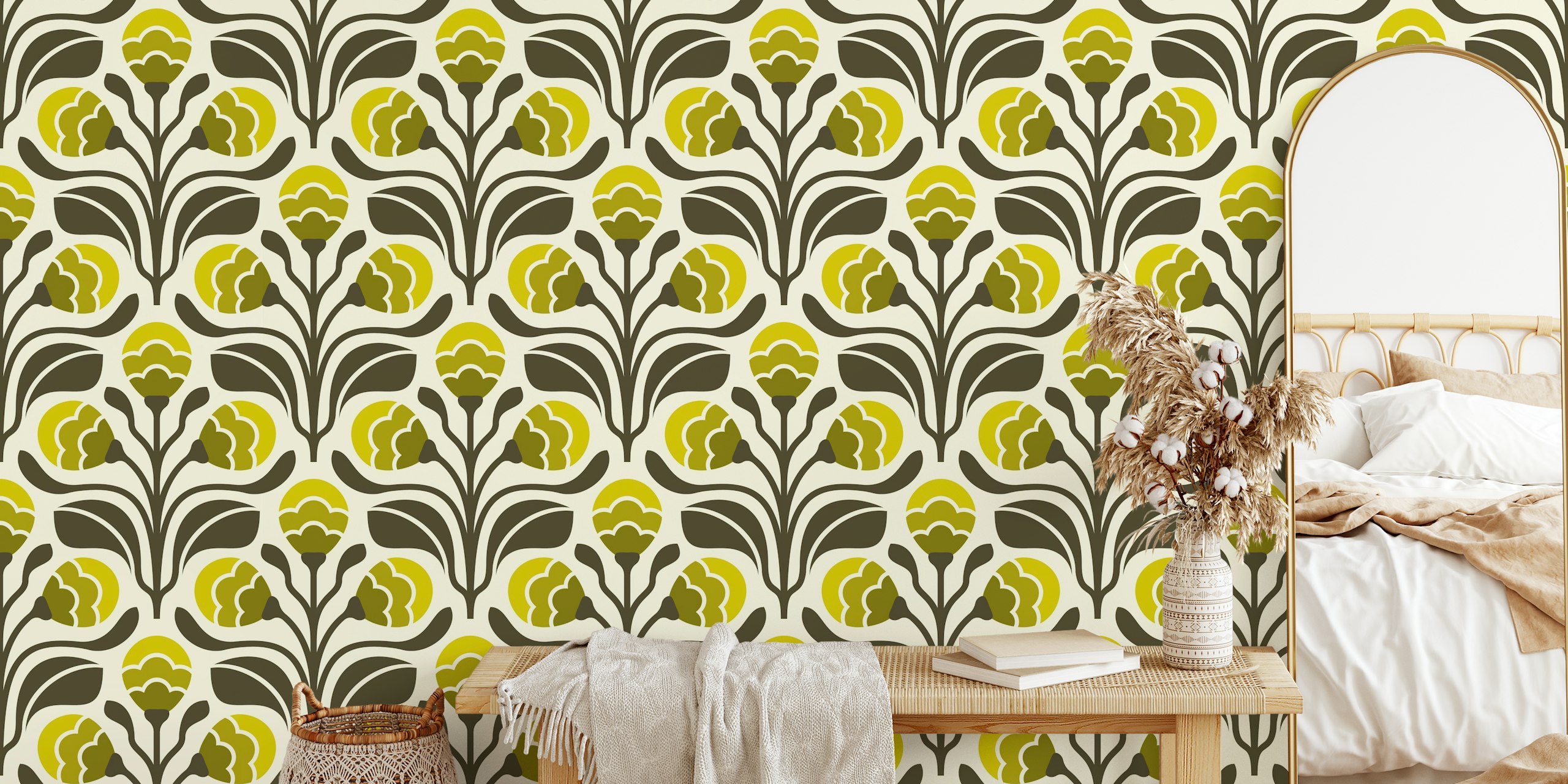 Retro Floral Buds in Green tapetti huoneessa