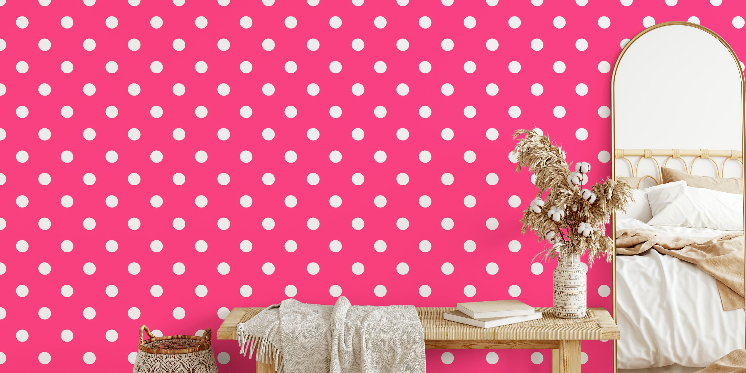 Wallpaper with white dots on hot pink background