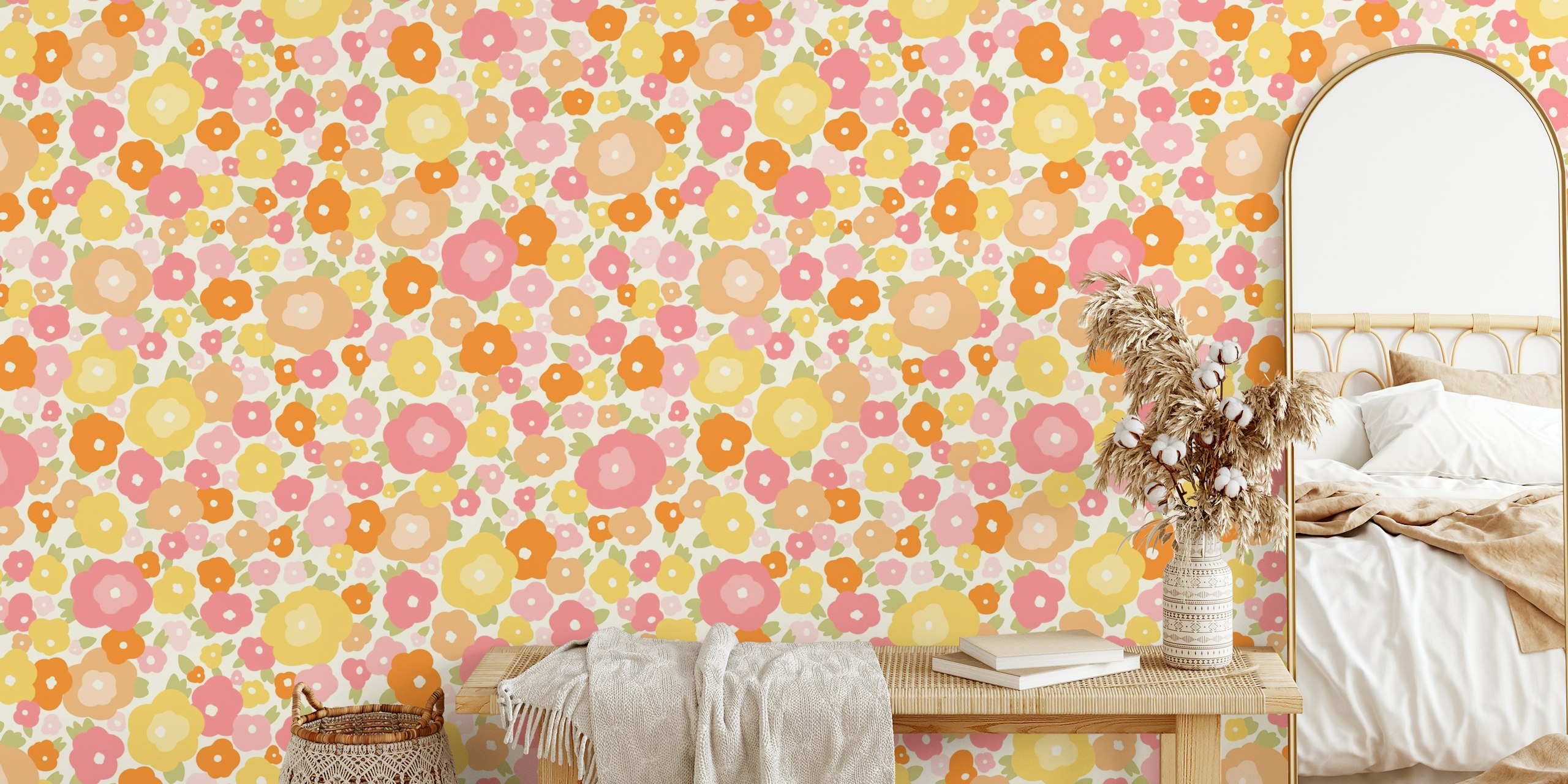 Papel tapiz floral pastel colorido Retro Abstract Flowers Colorful Pastel Floral en una habitación