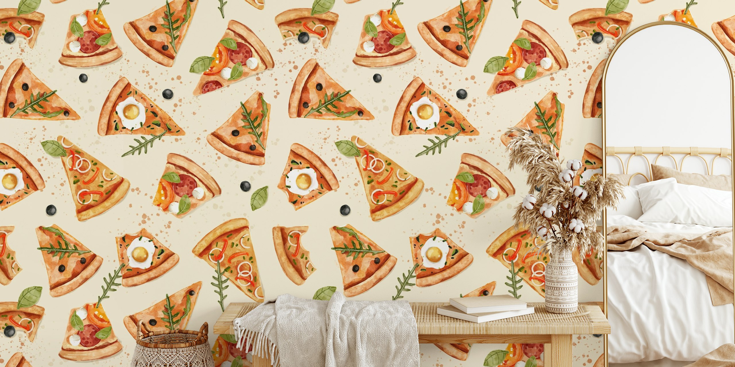 Pizza pattern wallpaper in a room