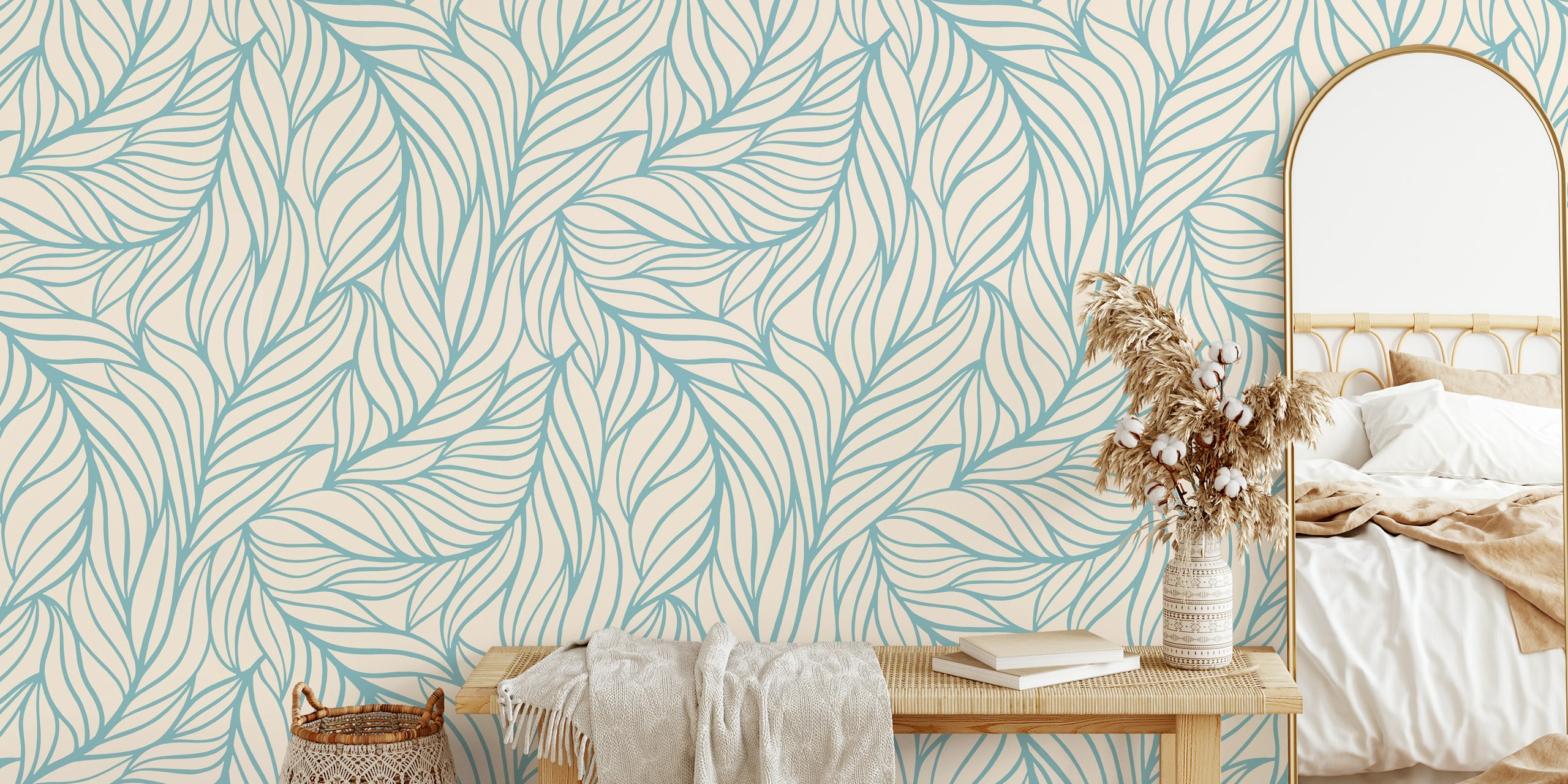 Minimalist flowing leaves wallpaper en una habitación