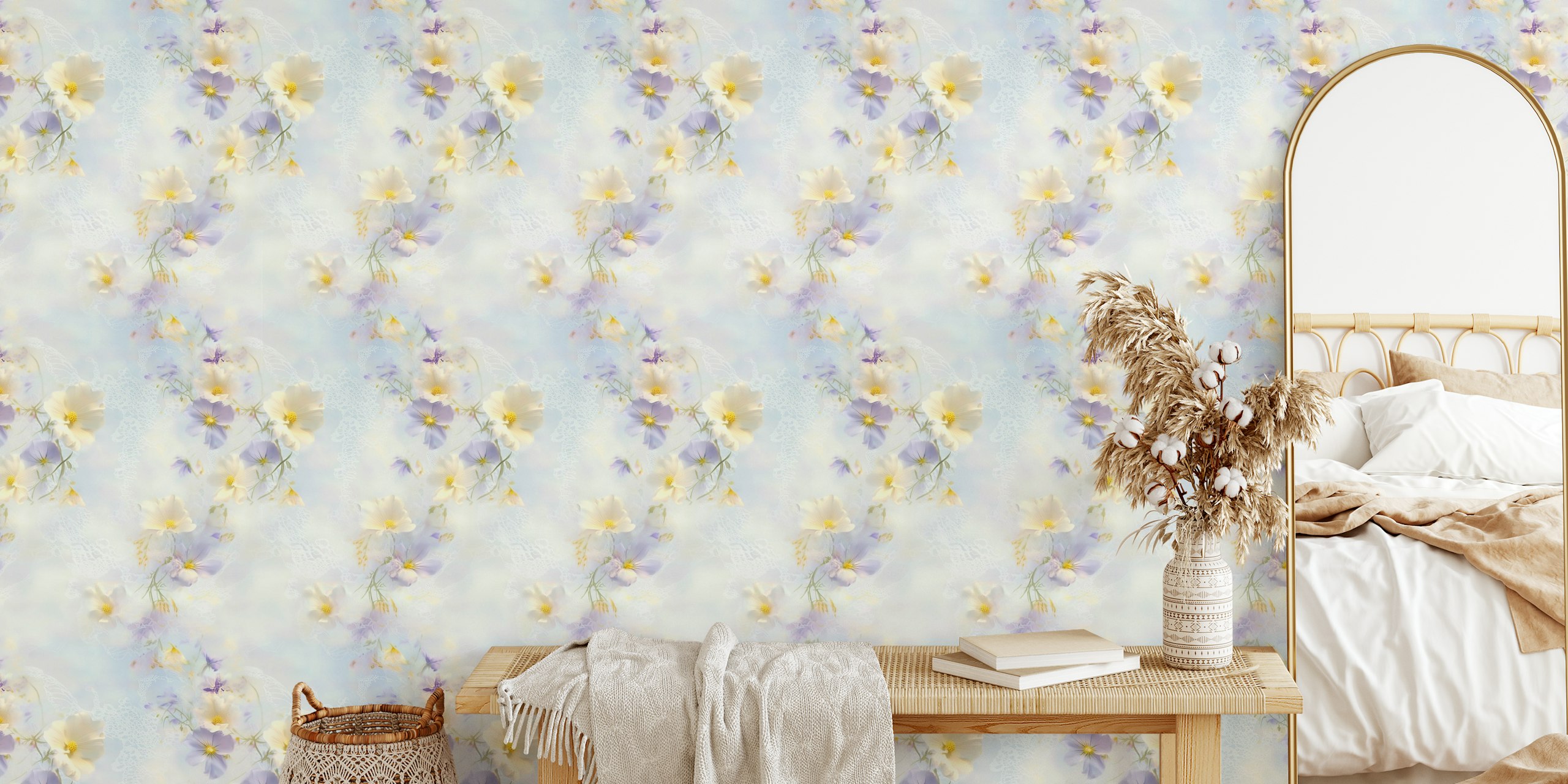 Pastel floral design with soft blossoms and delicate lace wallpaper