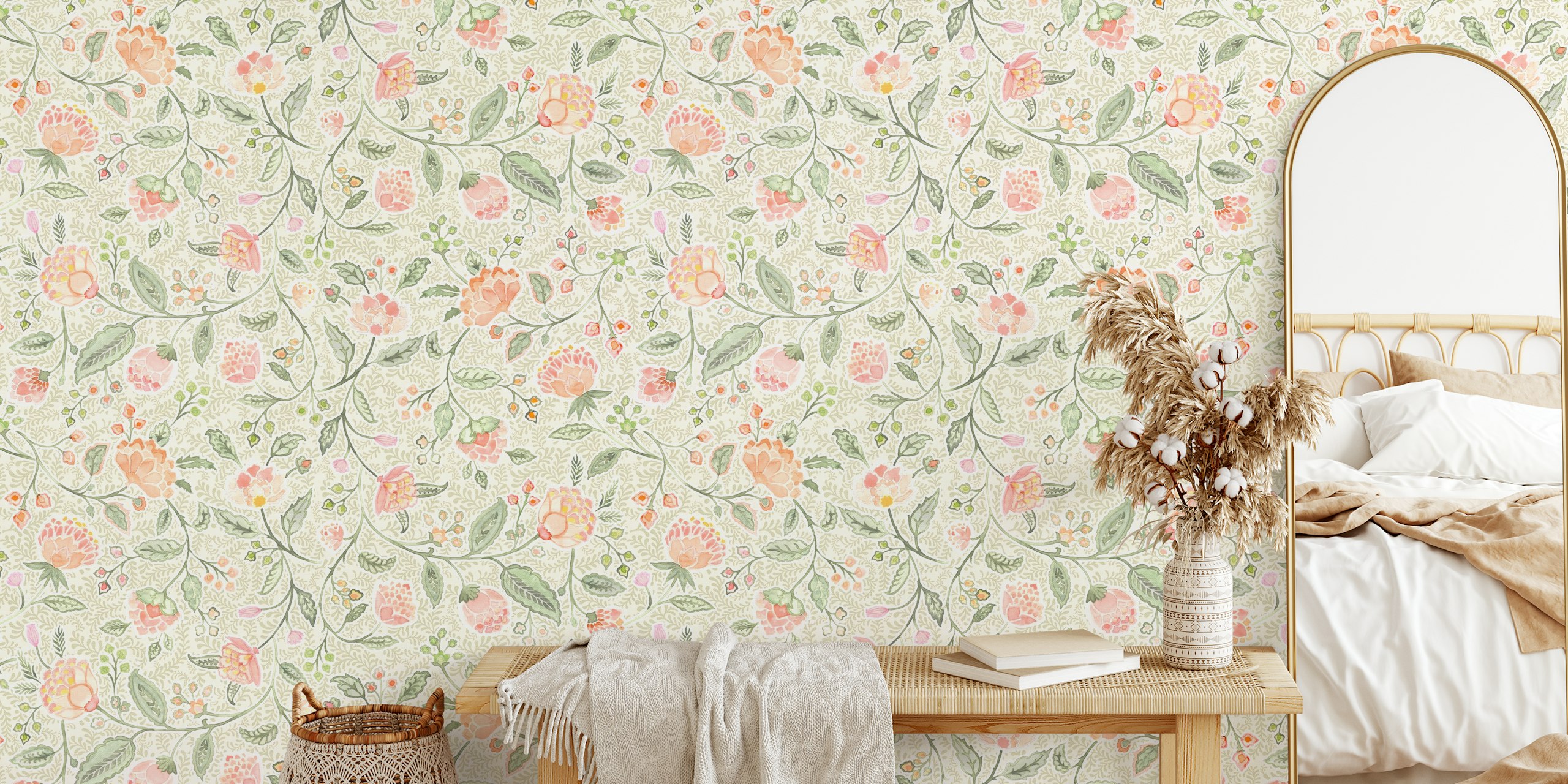 ταπετσαρία Bold Watercolour Flowers & Leaves - ivory σε ένα δωμάτιο