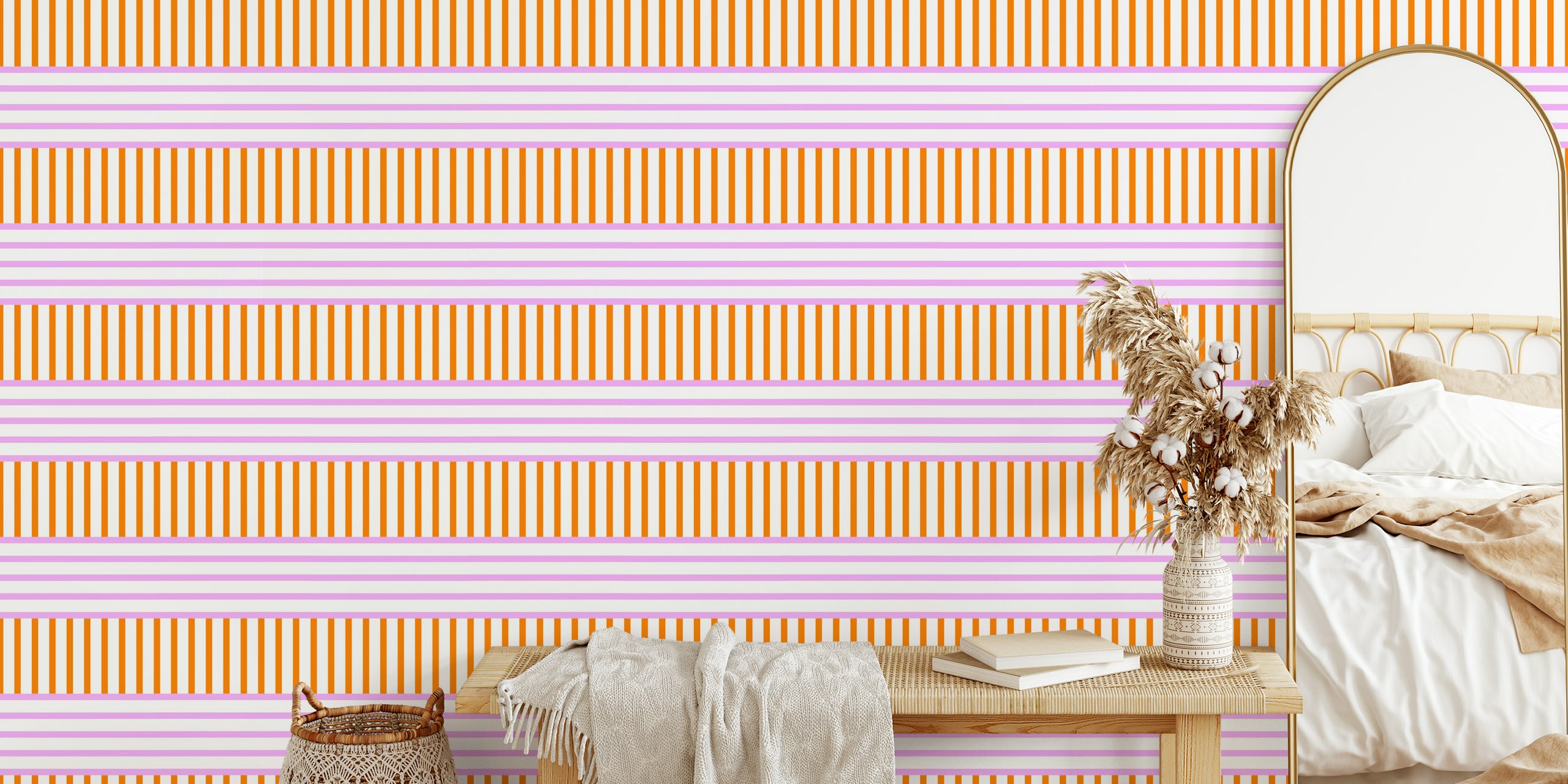 Coral and pink stripes wallpaper design with horizontal and vertical patterns