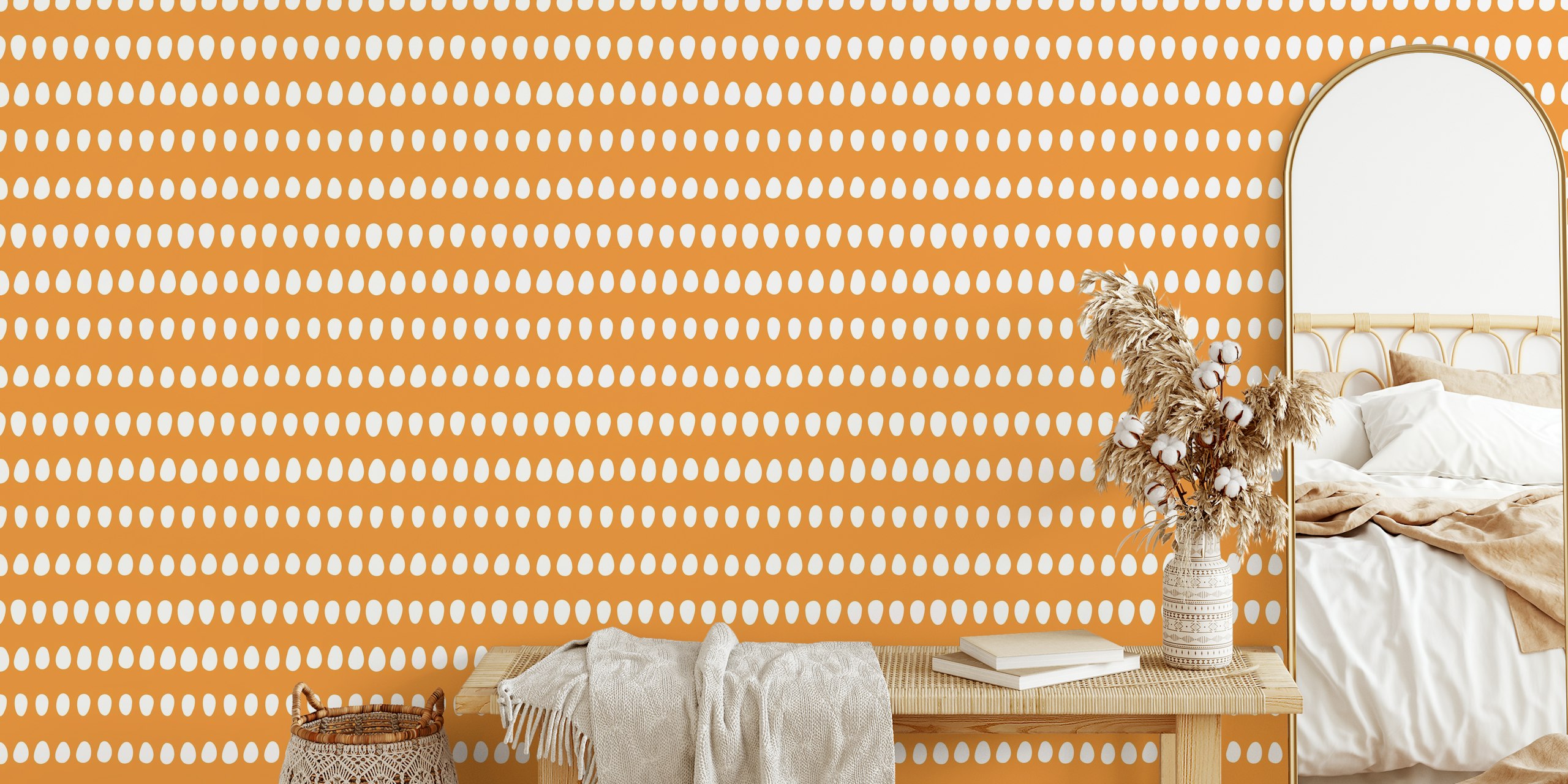 White oval dots on orange striped wallpaper