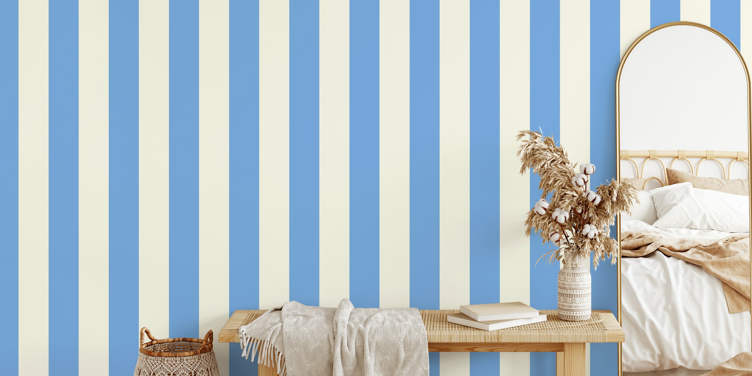 Blue and cream awning stripe wallpaper in a room