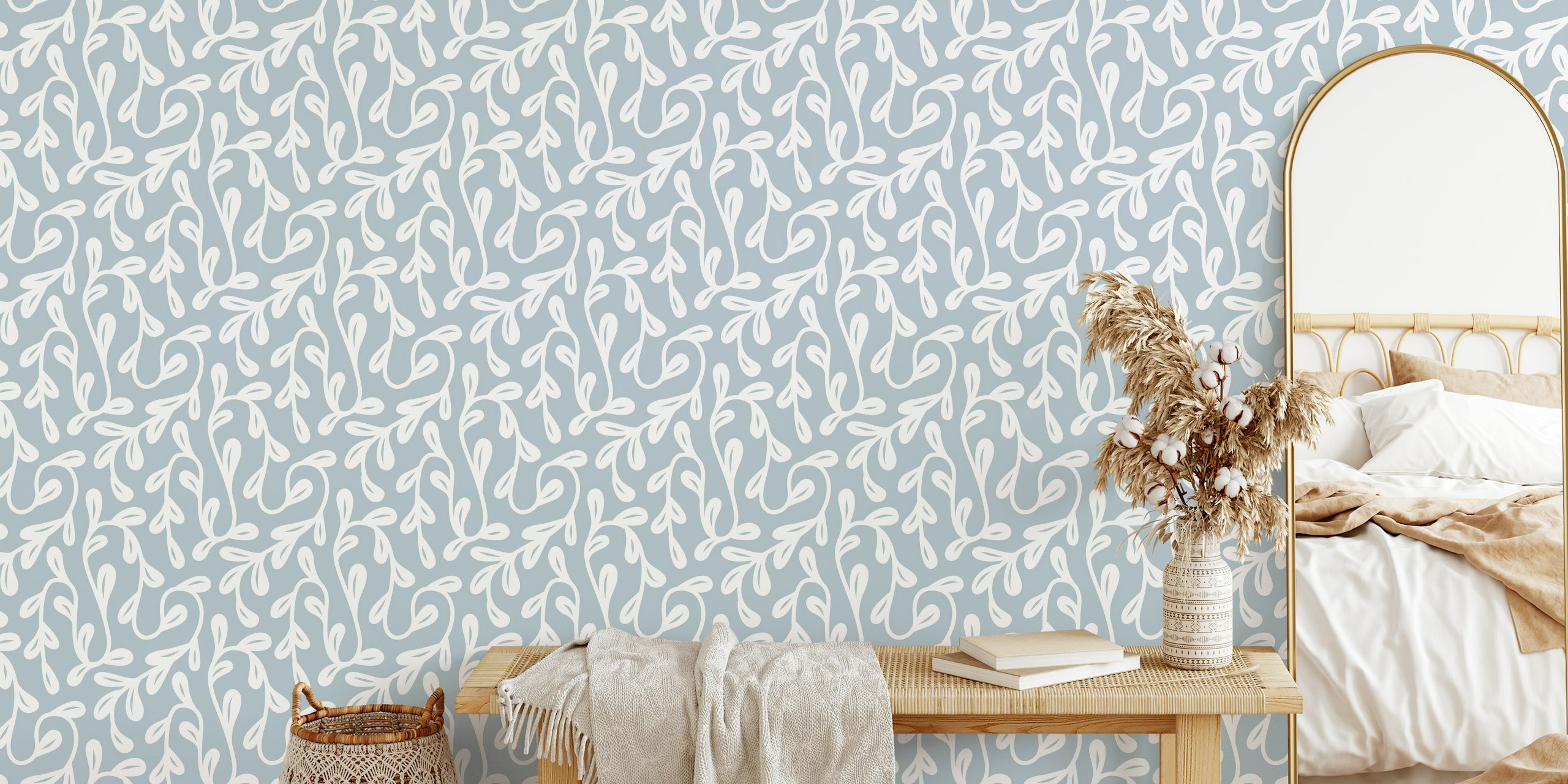 Serene Leafy Swirls Waves Grey tapeta w pokoju