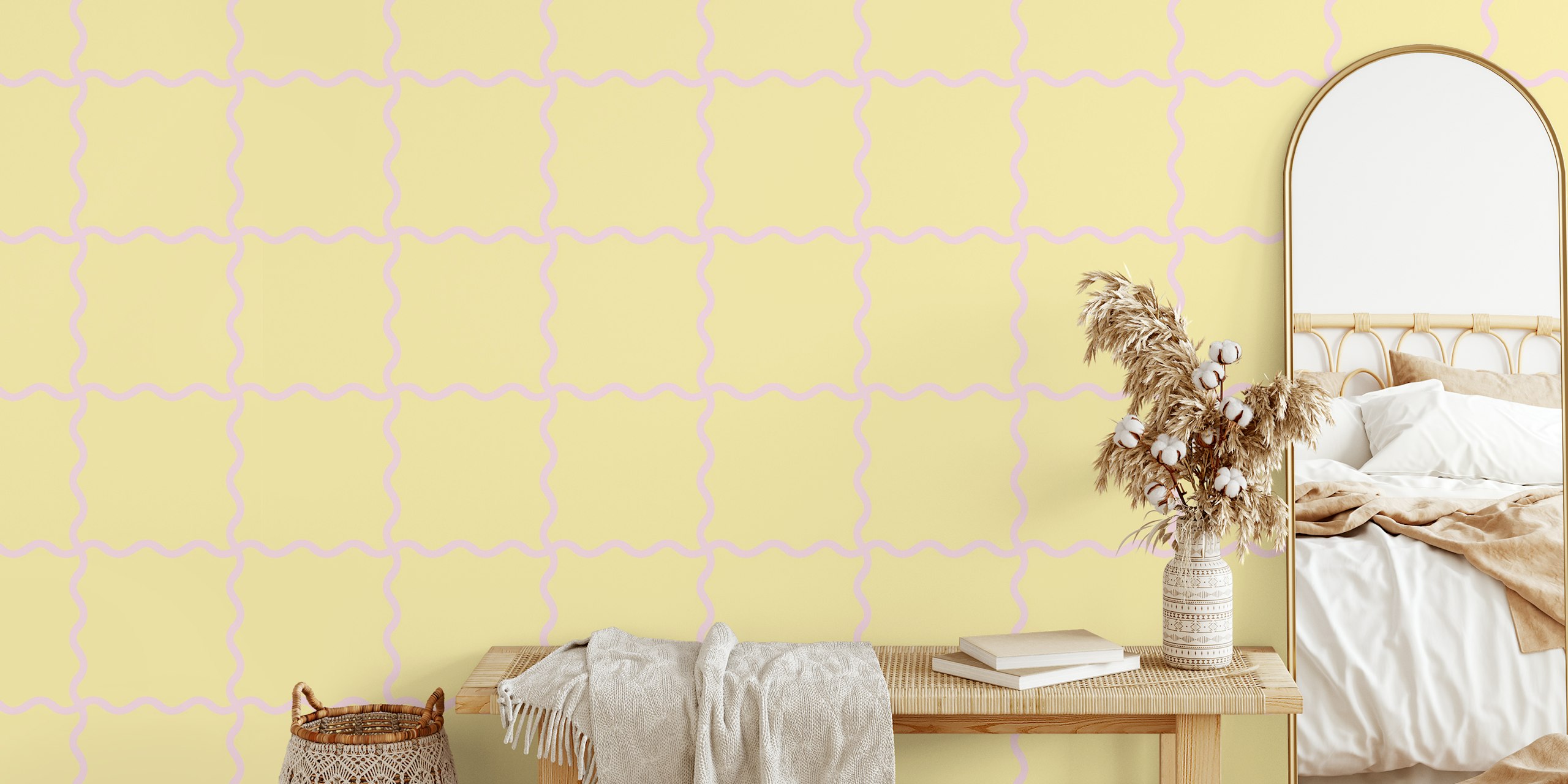Wavy checker pattern in yellow and light lavender wallpaper
