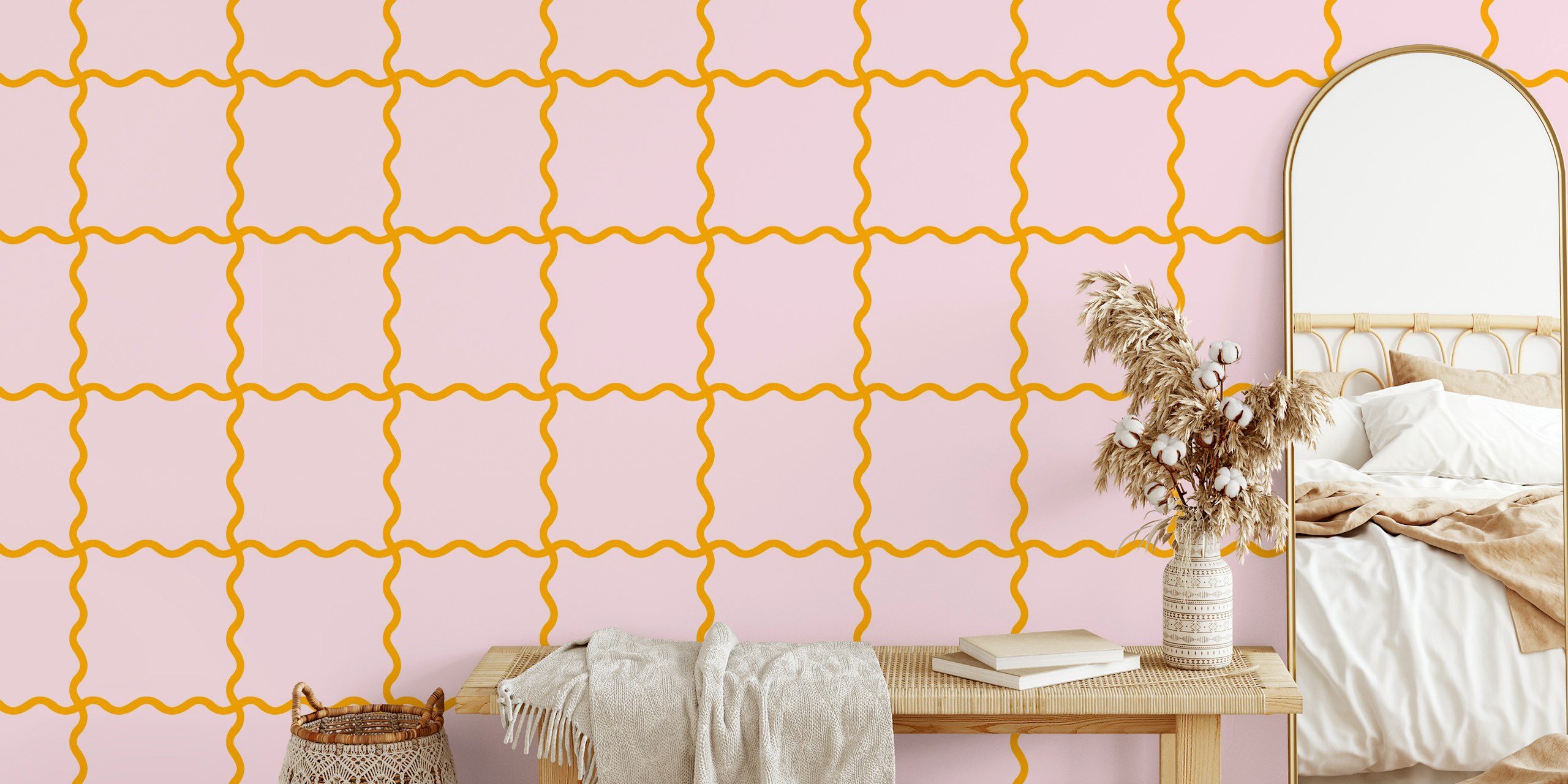 Pink wavy checkerboard design wallpaper with orange outlines