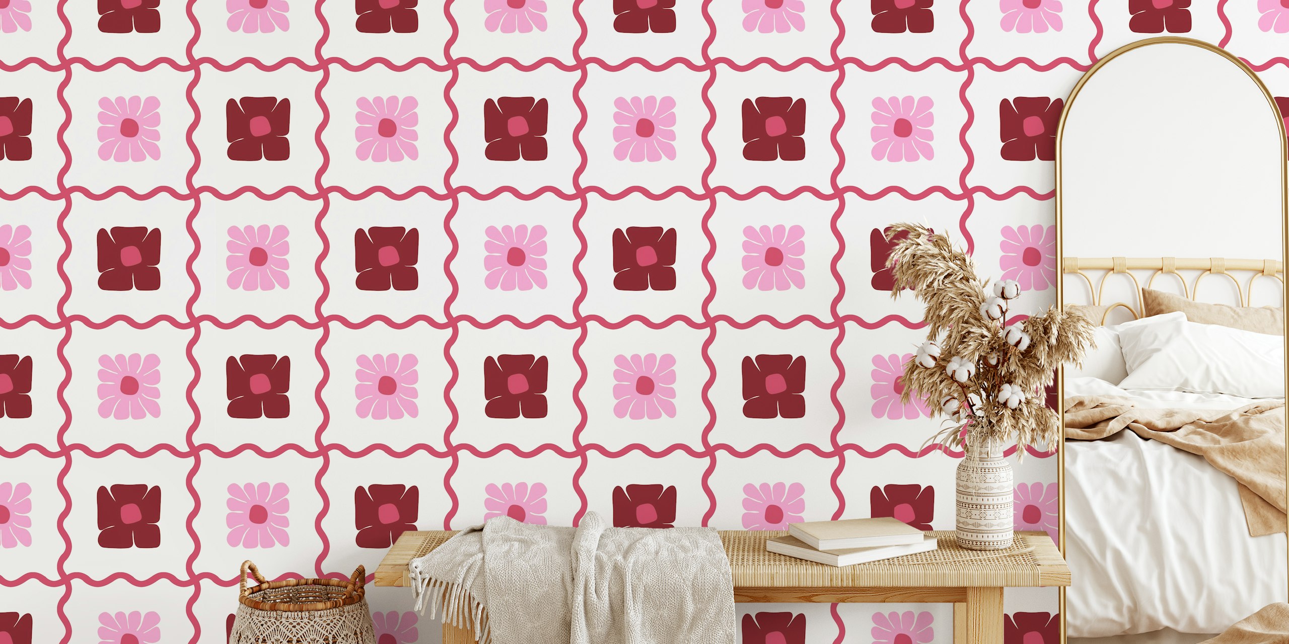 Floral Wavy Checker Cherry Red wallpaper in a room