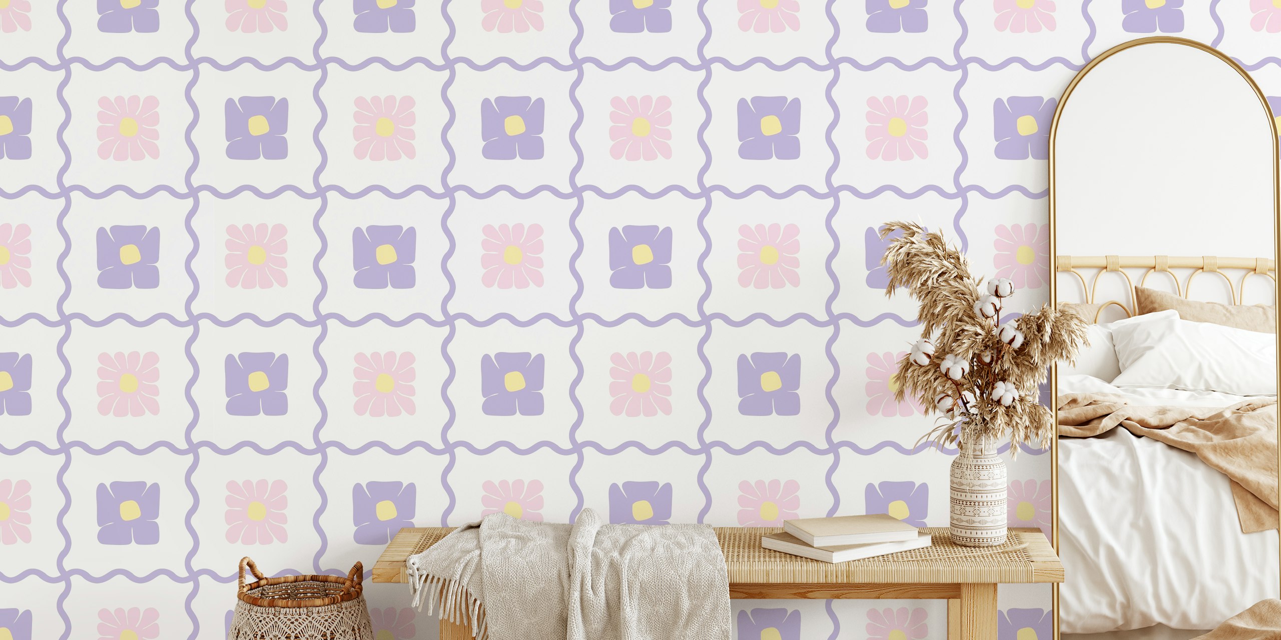 Floral Wavy Checker Lilac wallpaper in a room