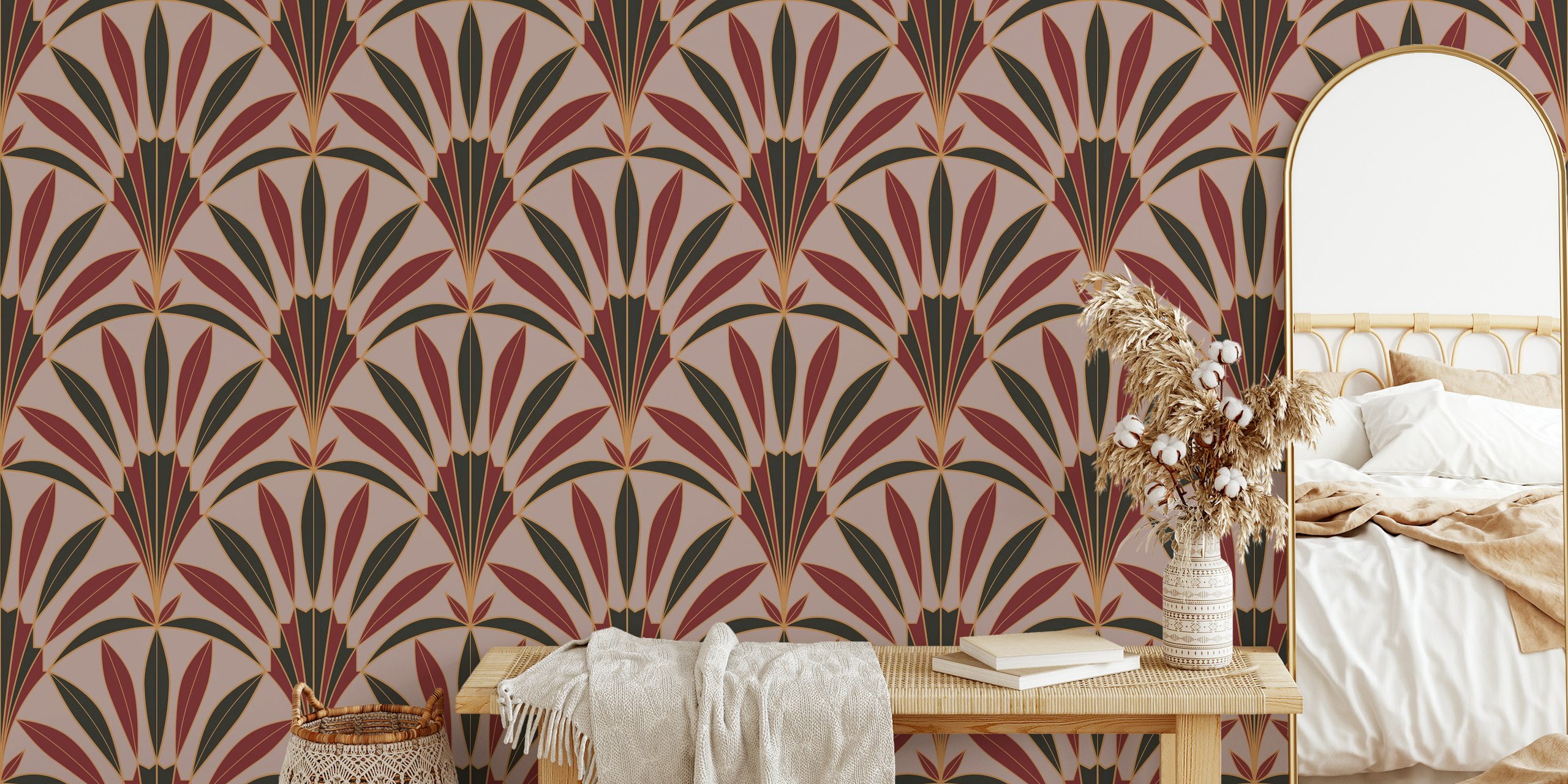 Art Deco palm bladeren in syrah rood en zwart wallpaper