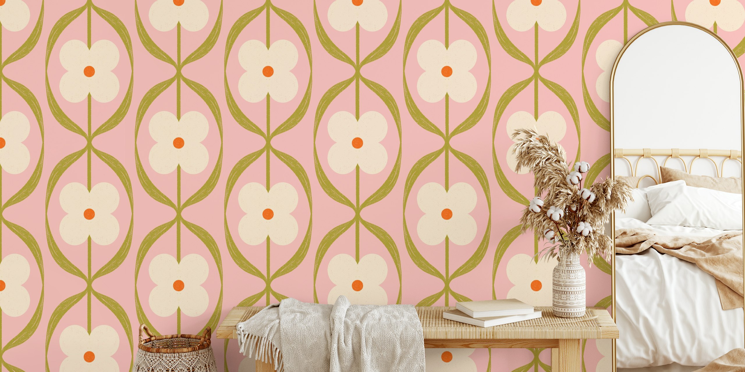 Pink retro daisy flowers with green leaves wallpaper